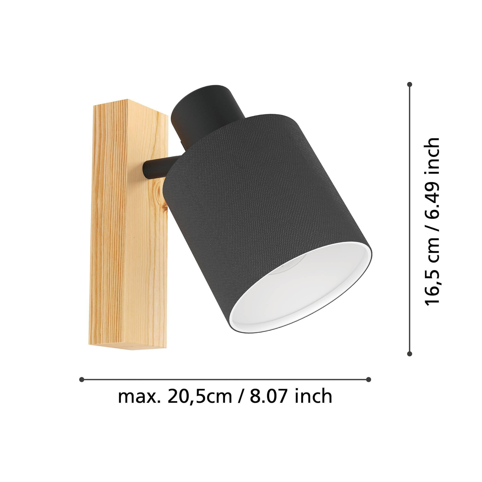 Reflektor ścienny Batallas, szerokość 10 cm, czarny/drewno, tkanina