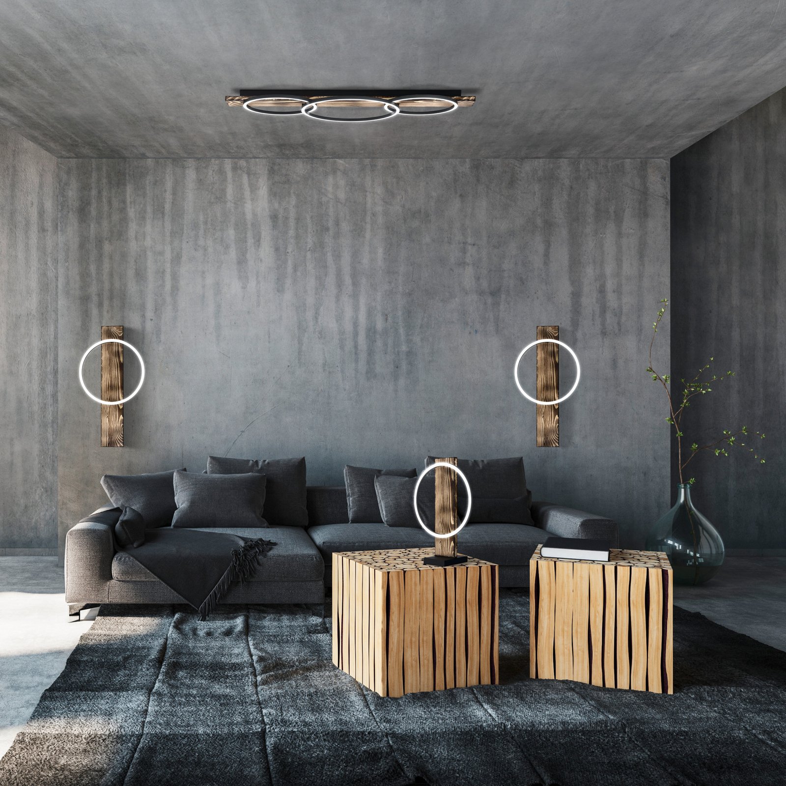 LED plafondlamp Boyal, zwart, lengte 101 cm, hout, 3-lamps.