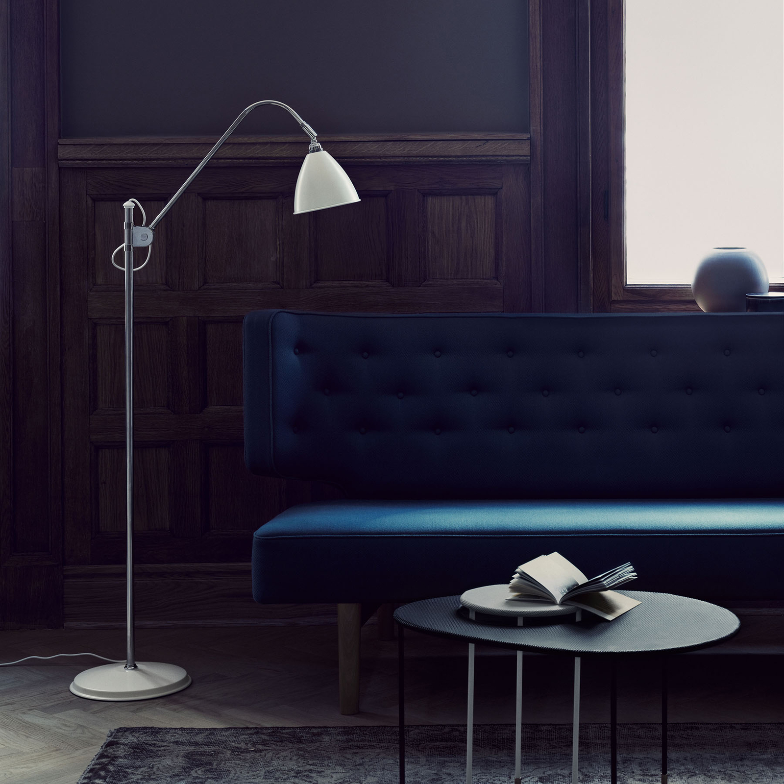GUBI Bestlite BL3 floor lamp Ø 16 cm, chrome/white, for Living / Dining Room, metal, E14, 28 W, energy efficiency: A++, H: 151 cm
