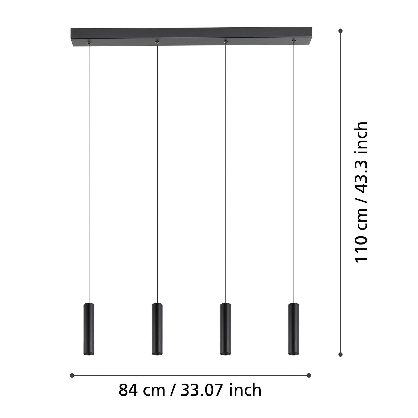 Suspension LED Almudaina, noir, longueur 84 cm, à 4 lampes,