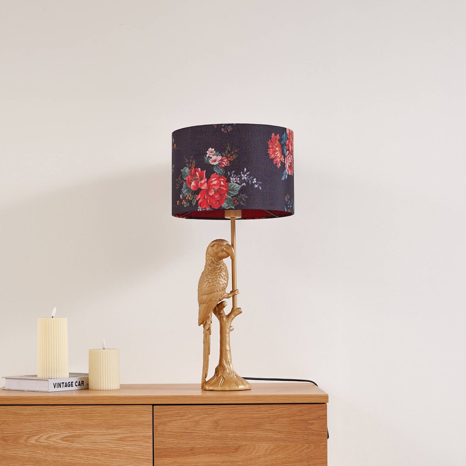 Lindby lampa stołowa Marula, złota, nadruk kwiatowy, tekstylna, E27