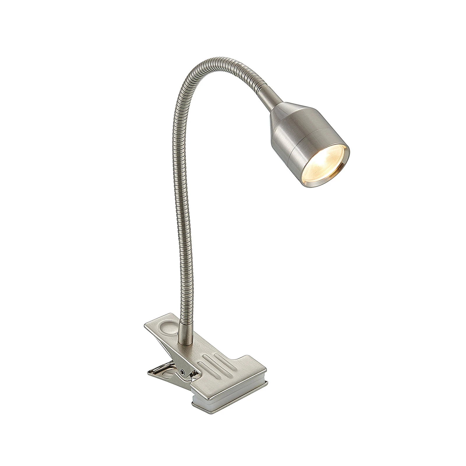 Lindby Djamila LED klemlamp, nikkel gesatineerd