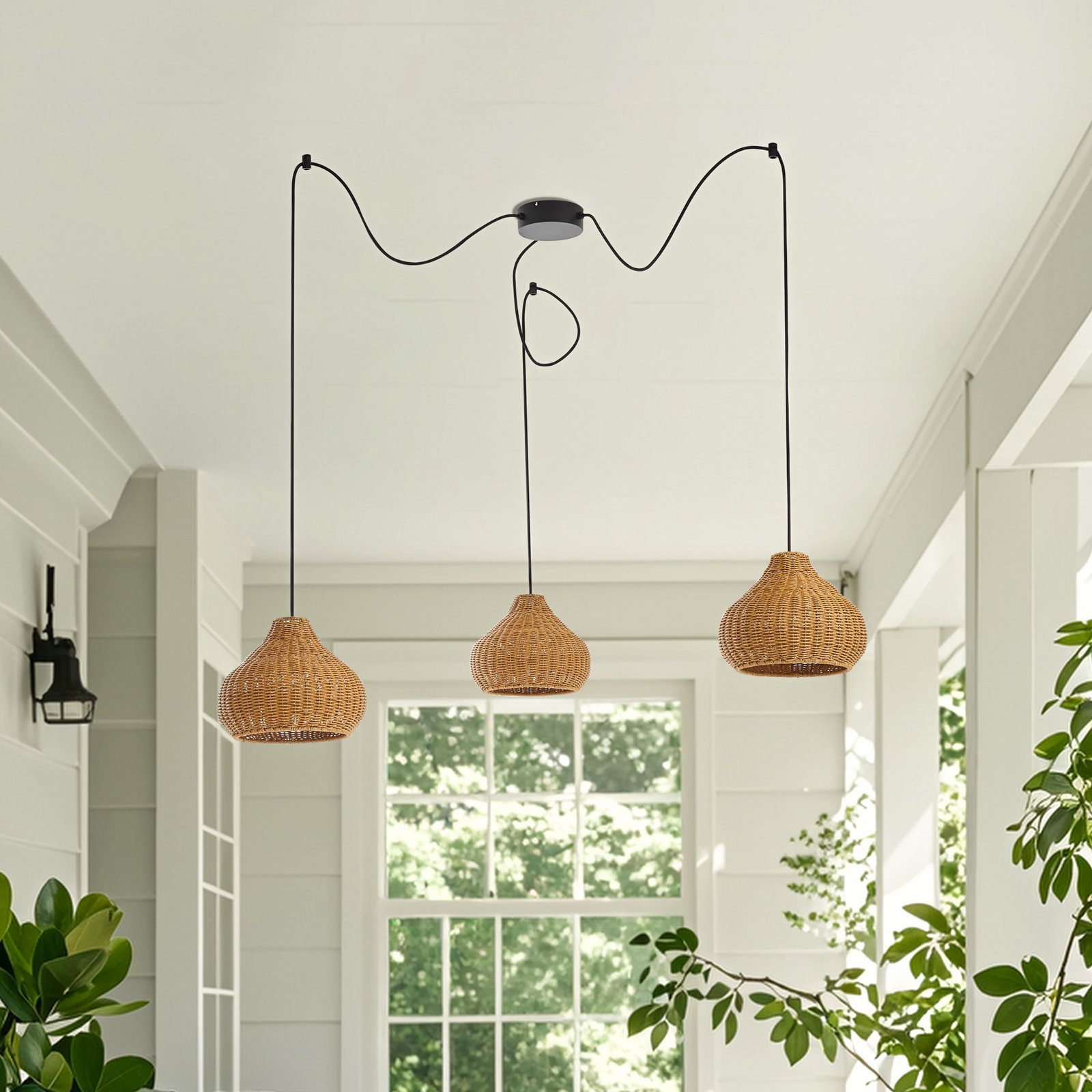 Lucande outdoor hanging light Taniola, 3-bulb, beige, rattan