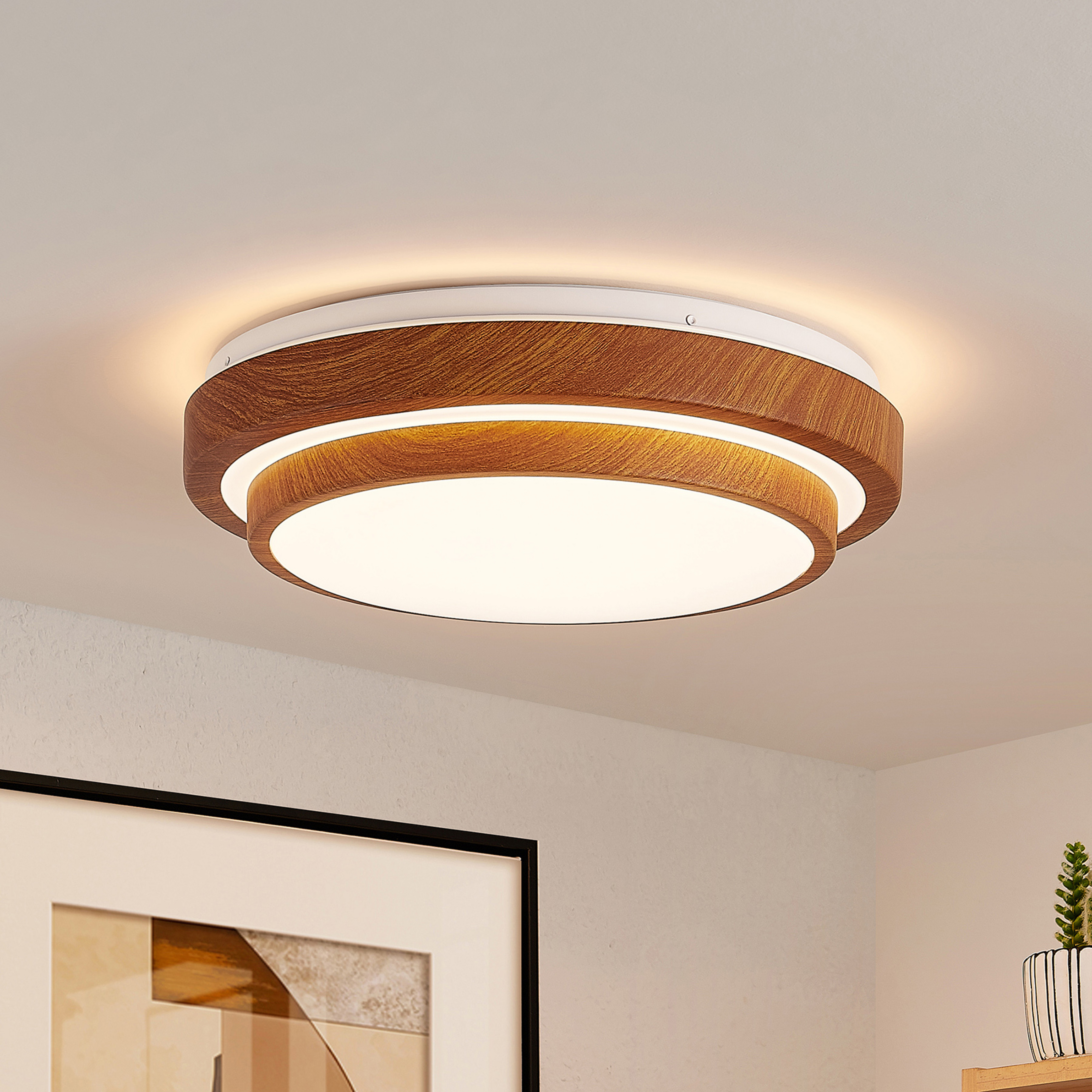 Lindby LED-Deckenleuchte Vaako, Metall, Holzoptik