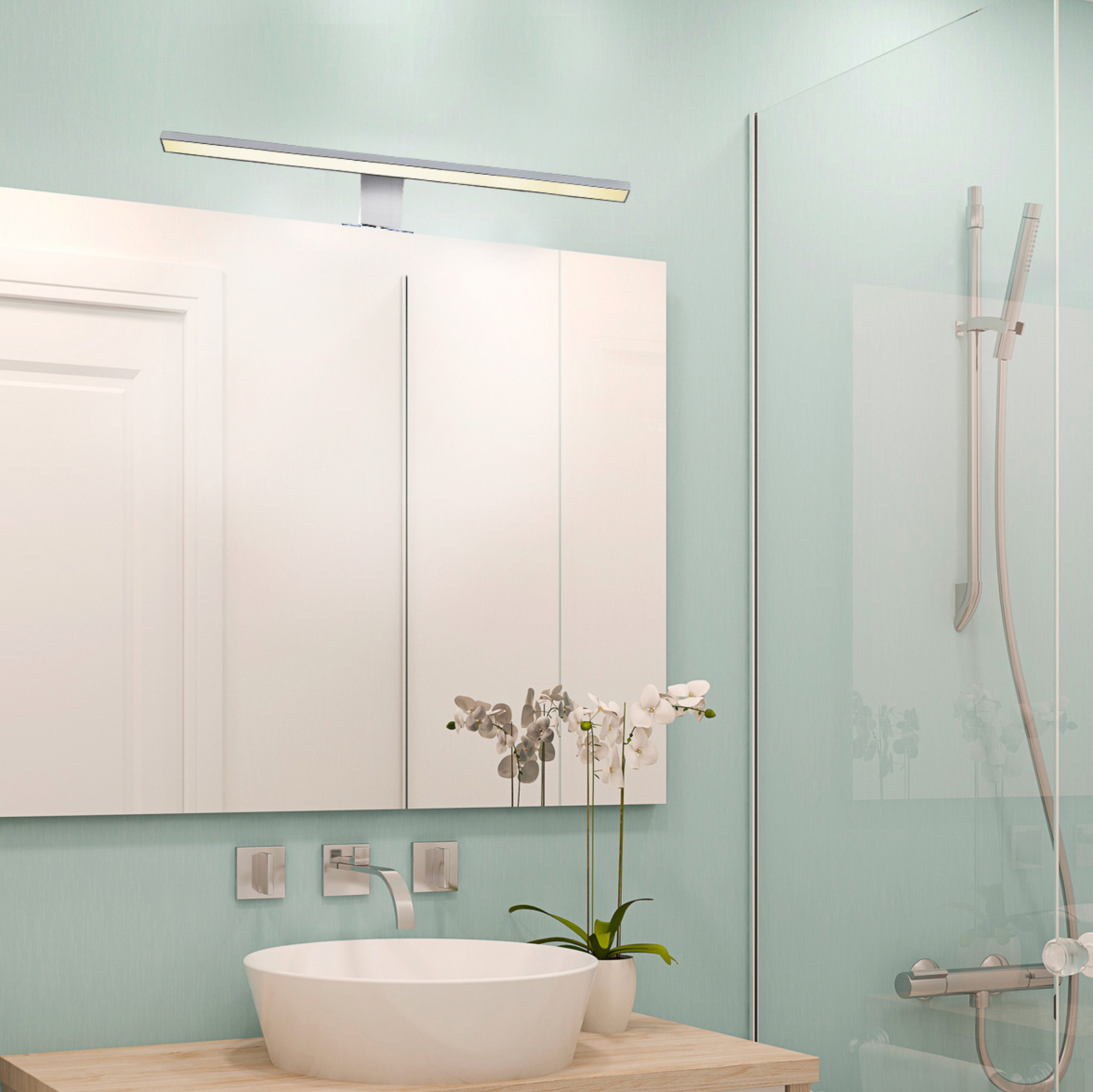 LED-ogledalo Mira, širina 60 cm, krom, kovina, 4.000 K LED-ogledalo Mira, širina 60 cm, krom, kovina, 4.000 K