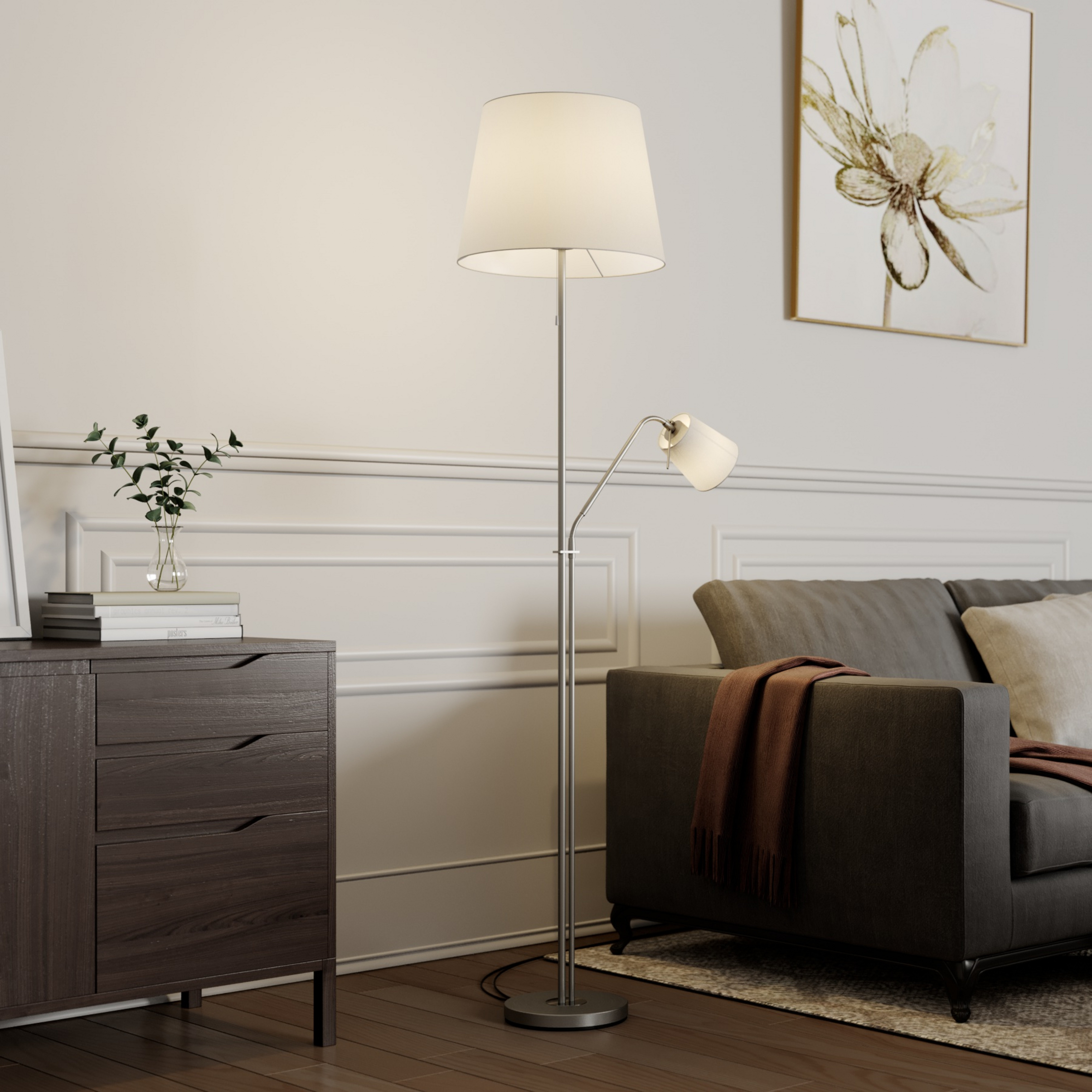 Lindby lampadar Nantwin, 175 cm, alb, nichel, textil