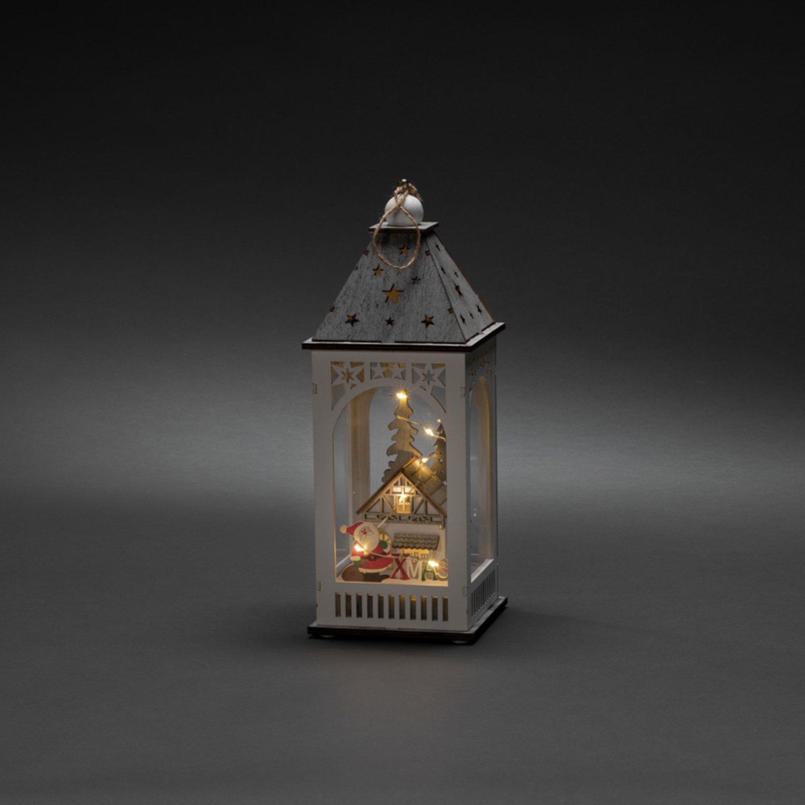 Lanterna LED deco con casa e Babbo Natale