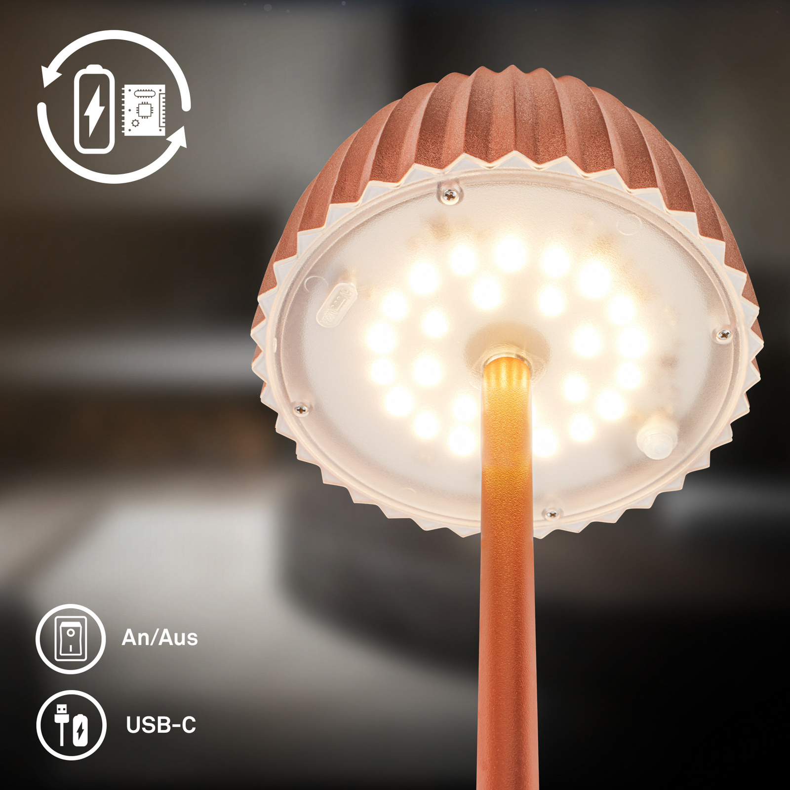 LED dobíjecí stojací lampa Brilo unplugged Riffle, měděná barva
