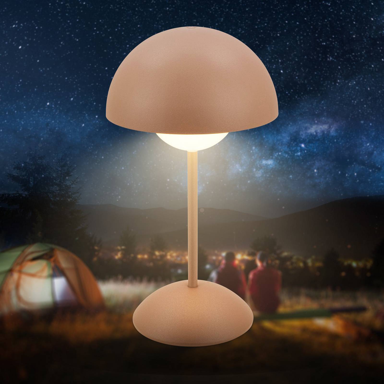 Lampa stołowa LED z akumulatorem Kugle, brązowa, metal, IP44, ściemniana