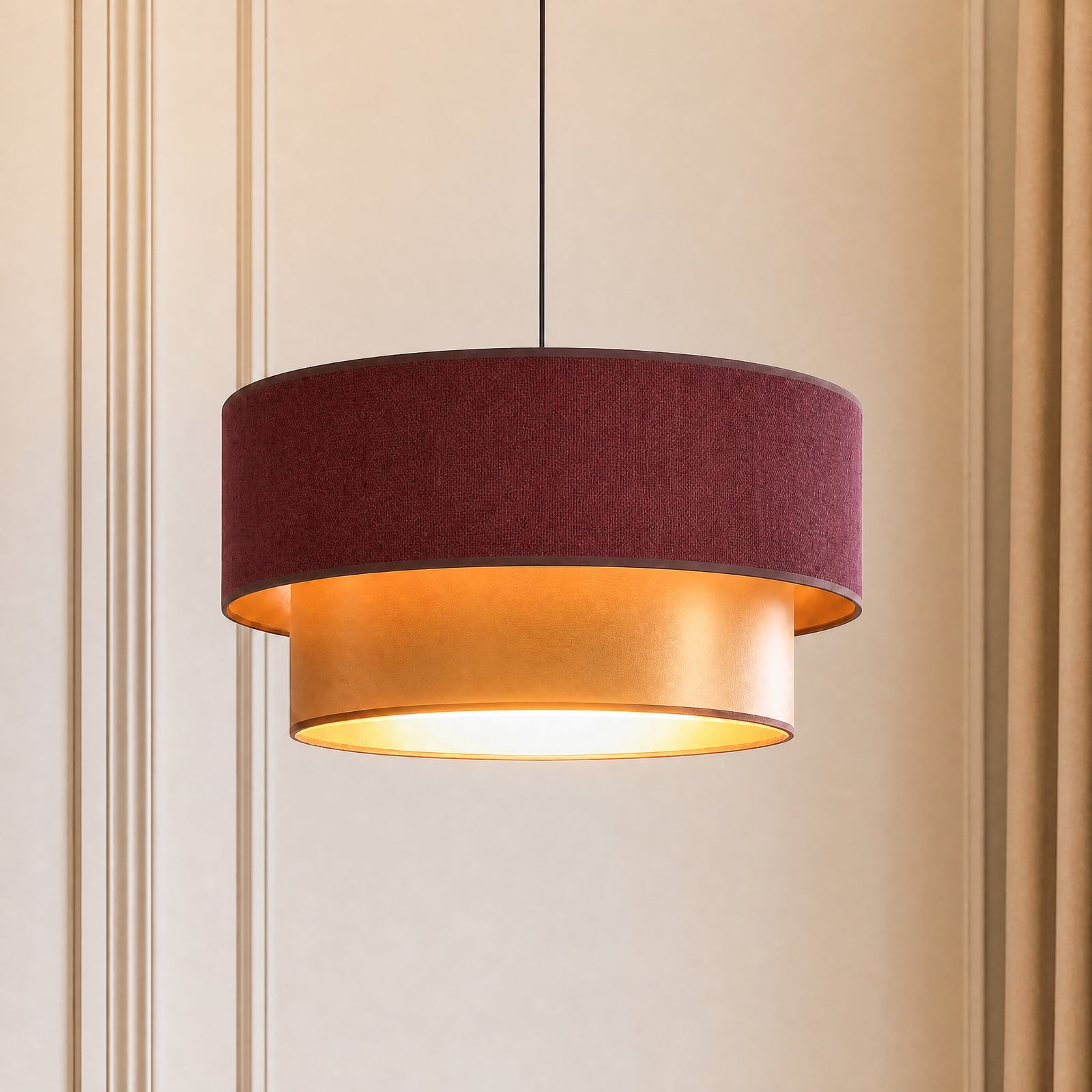 Pendellampe Dorina, dunkelrot/gold, Ø 45 cm, Textil, E27