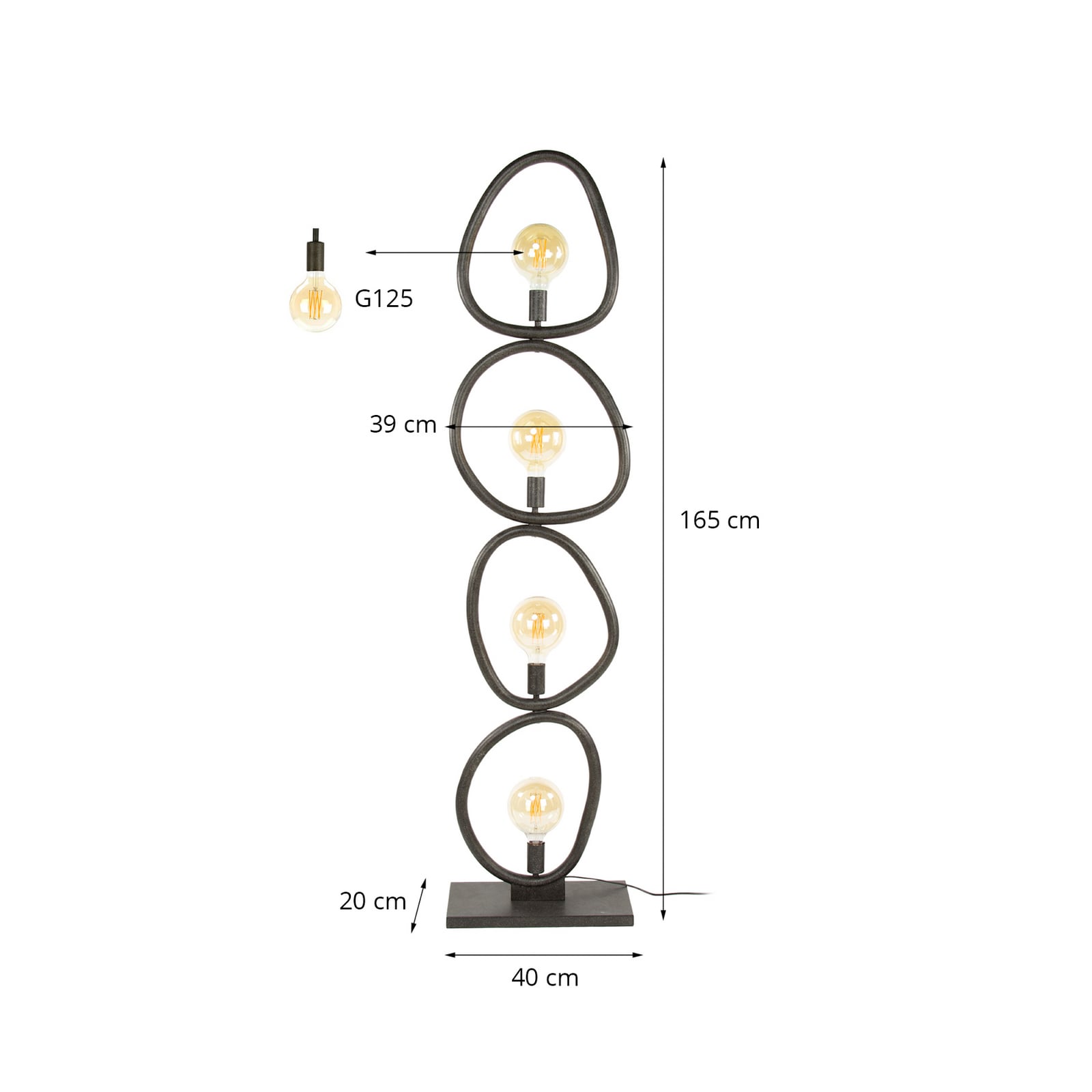 Stehleuchte Pebble, schwarz, 4-flammig, Höhe 165 cm, E27