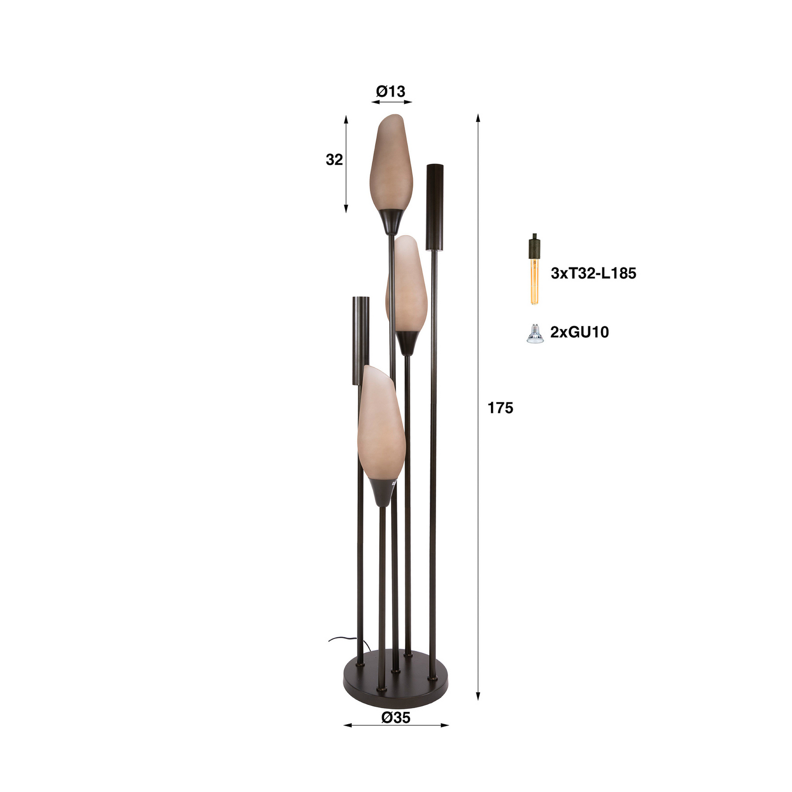 Stojací lampa Cocoon, sklo, hnědé matné, 5 žárovek, E27, GU10 Stojací lampa Cocoon, sklo, hnědé matné, 5 žárovek, E27, GU10