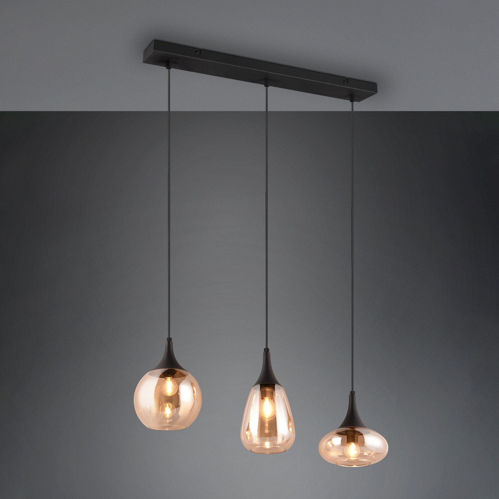 Trio Lighting Lumina 3 lumini negru/arămiziu sticlă - Camera de zi / sufragerie - modern - negru chihlimbar