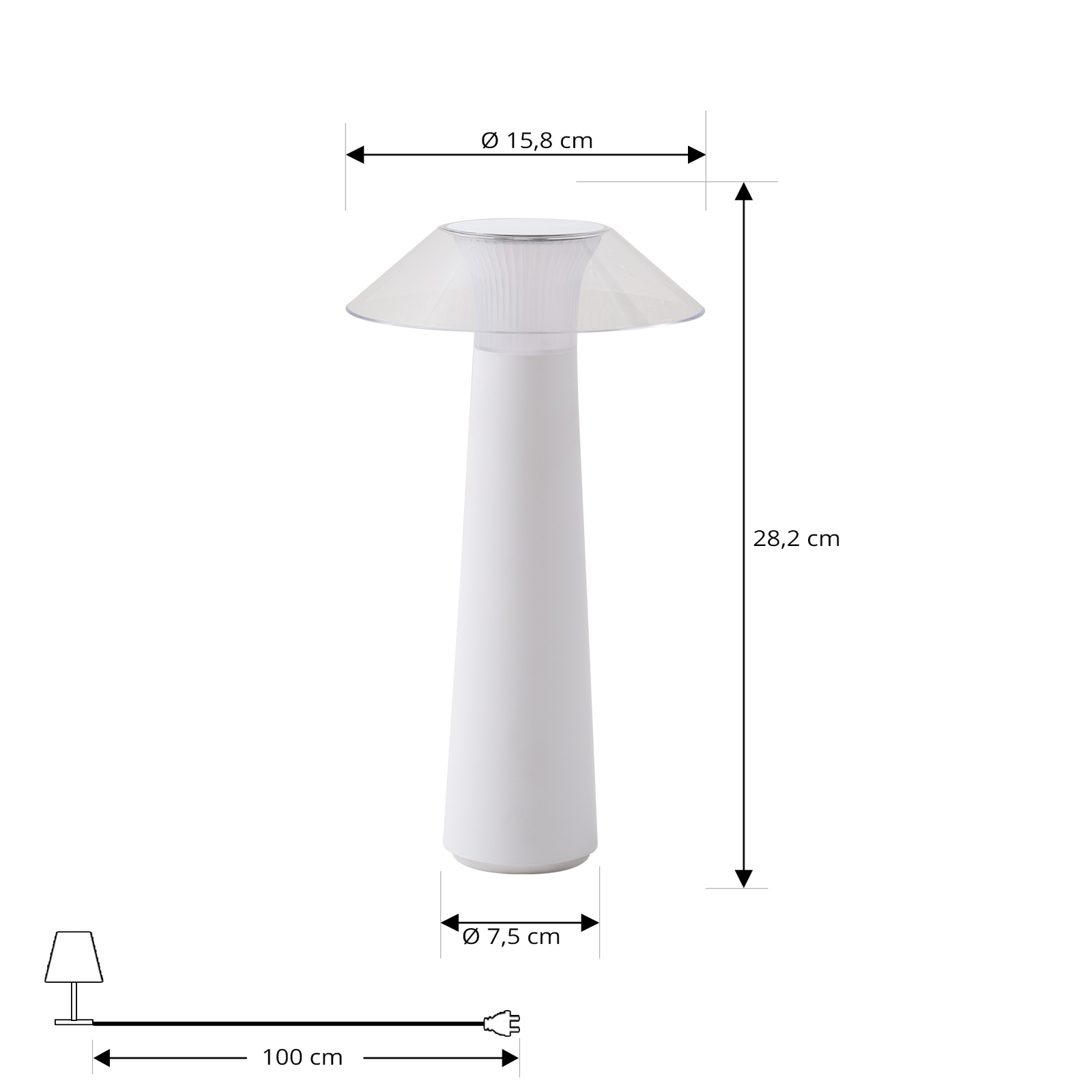 Akumulatorowa zewnętrzna lampa stołowa LED Gomba, biała, ściemniana