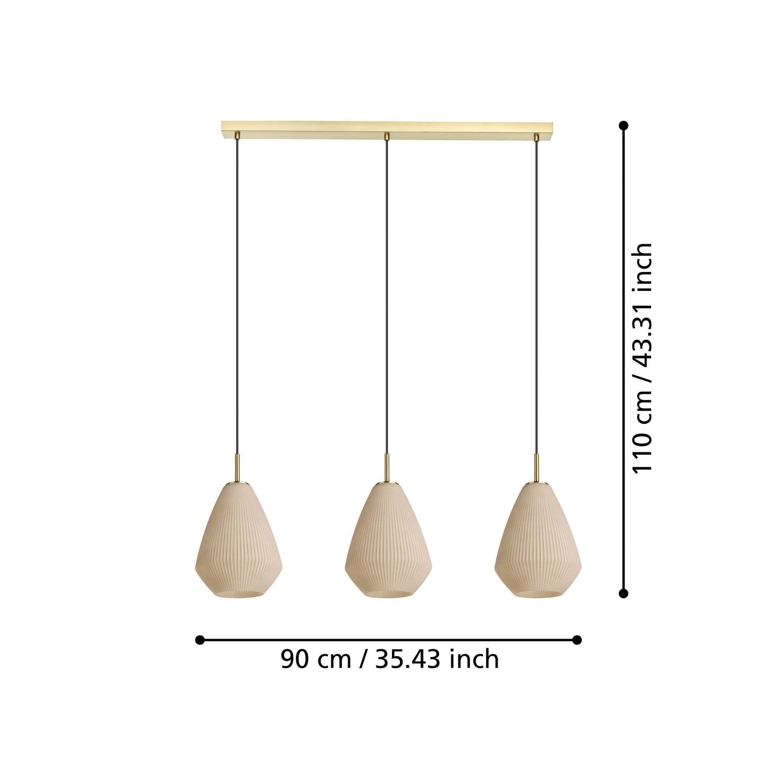 Caprarola hanging light, length 90 cm, sand colour, 3-bulb, glass