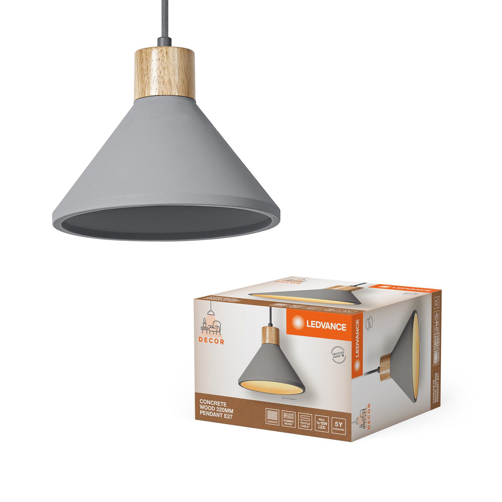 LEDVANCE Concrete Wood pendant light, Ø 22 cm, concrete, grey