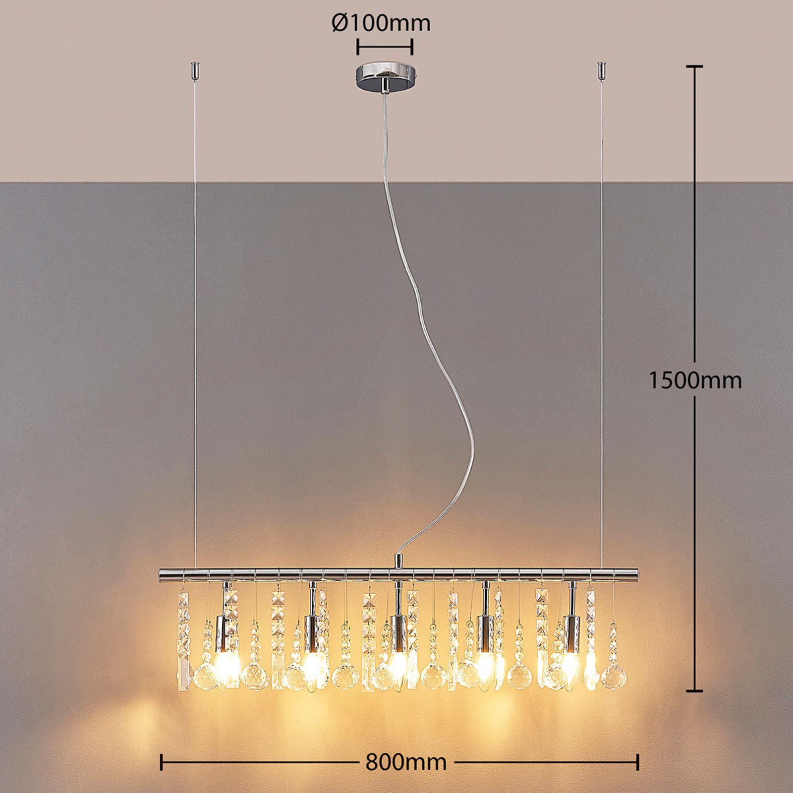 Langwerpige hanglamp Matei met kristallen, 5.lamps Lampen24.nl