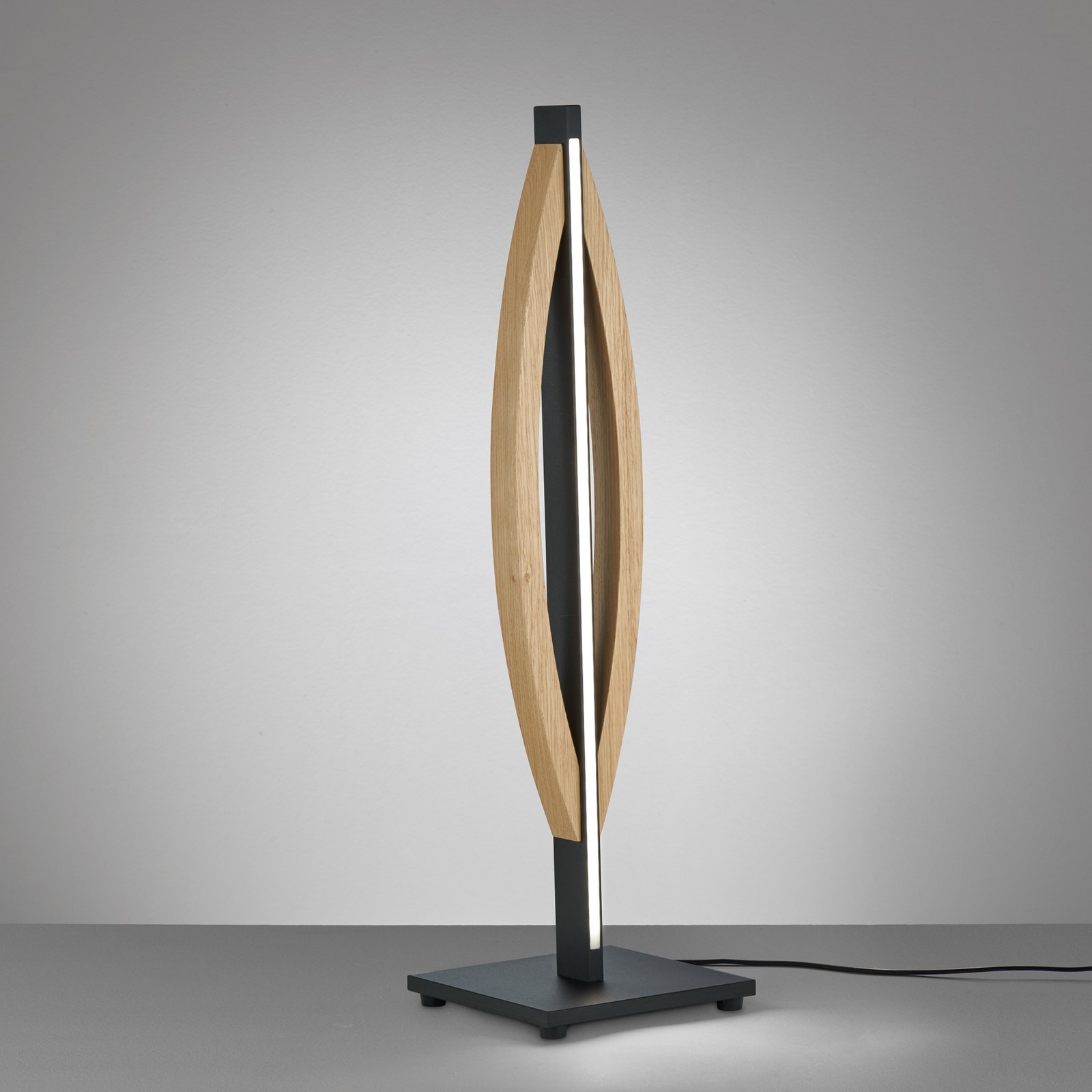 Quitani lámpara de mesa LED Kiera, roble/negro mate