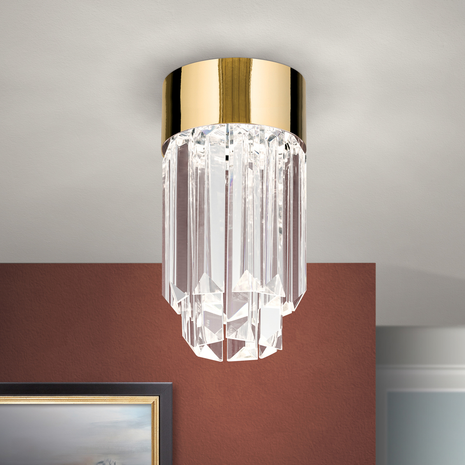 LED-taklampa Prism, kristallglas, Ø 10 cm, guld