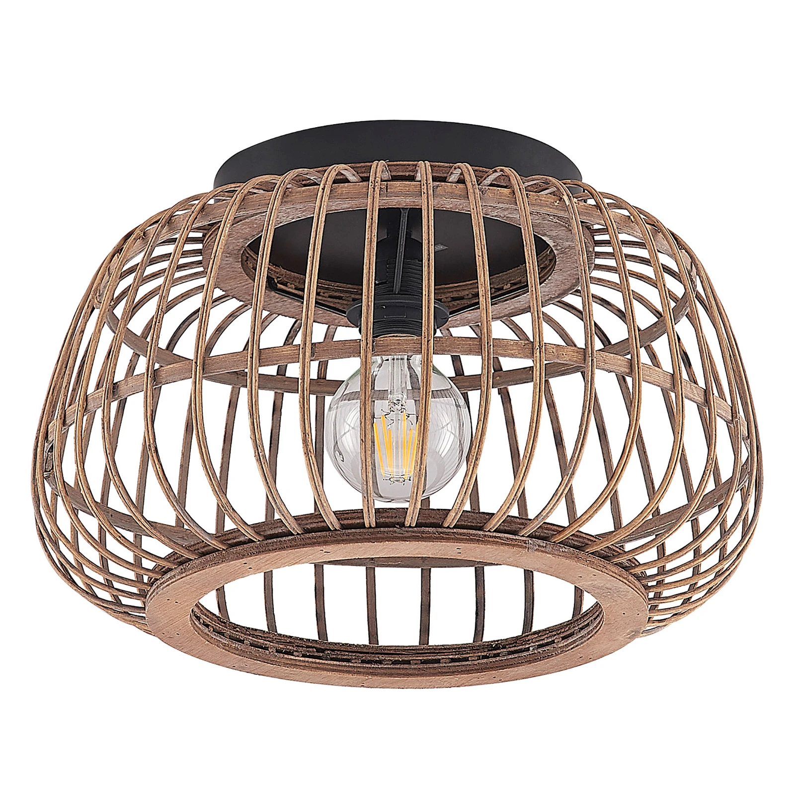 Plafón Lindby Bominio, Ø 40 cm, ratán, madera, E27