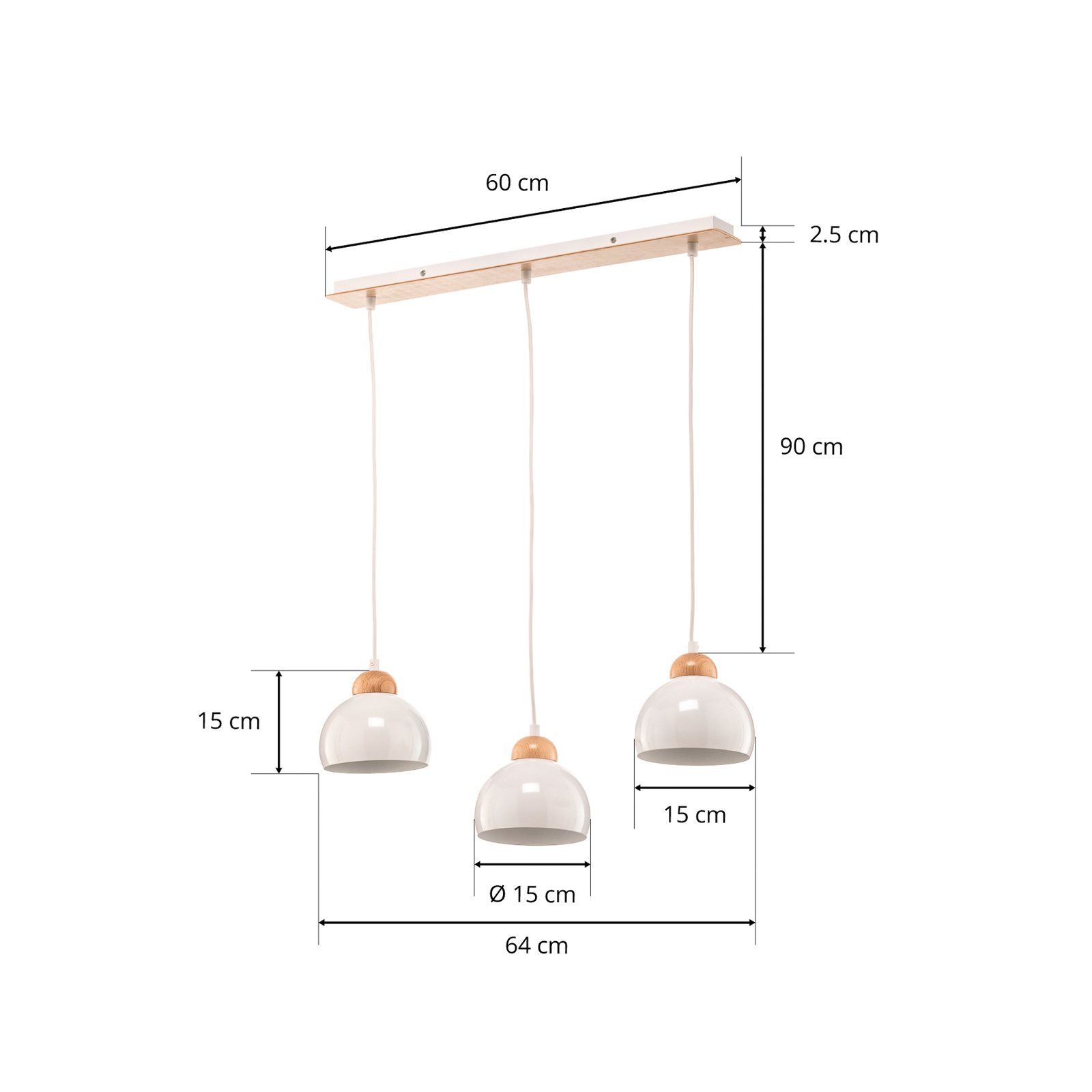 Lámpara colgante Dama 3 luces, blanco/madera clara