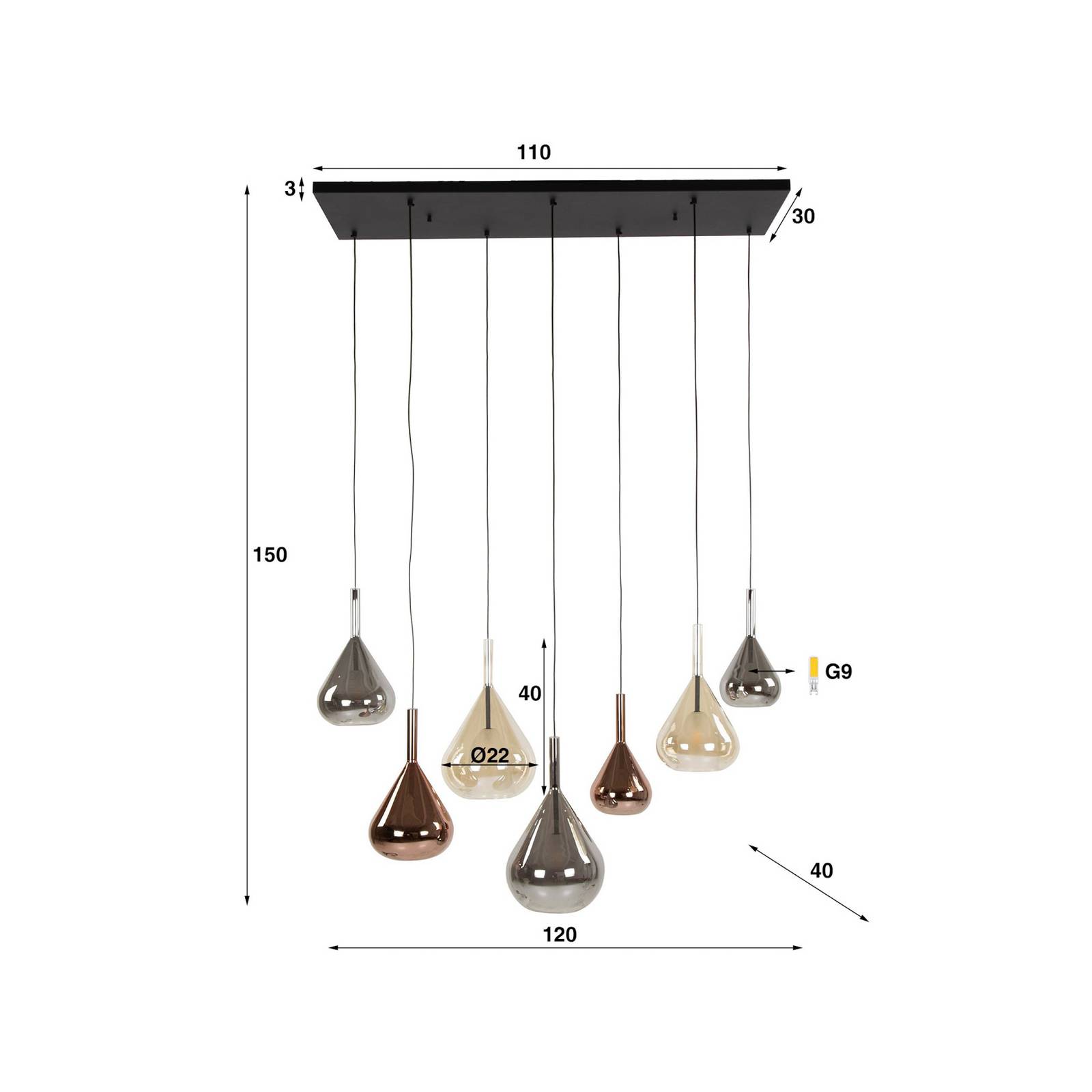 Lampa wisząca mieszana Aurelie, 7-punktowa, szklana, wielokolorowa