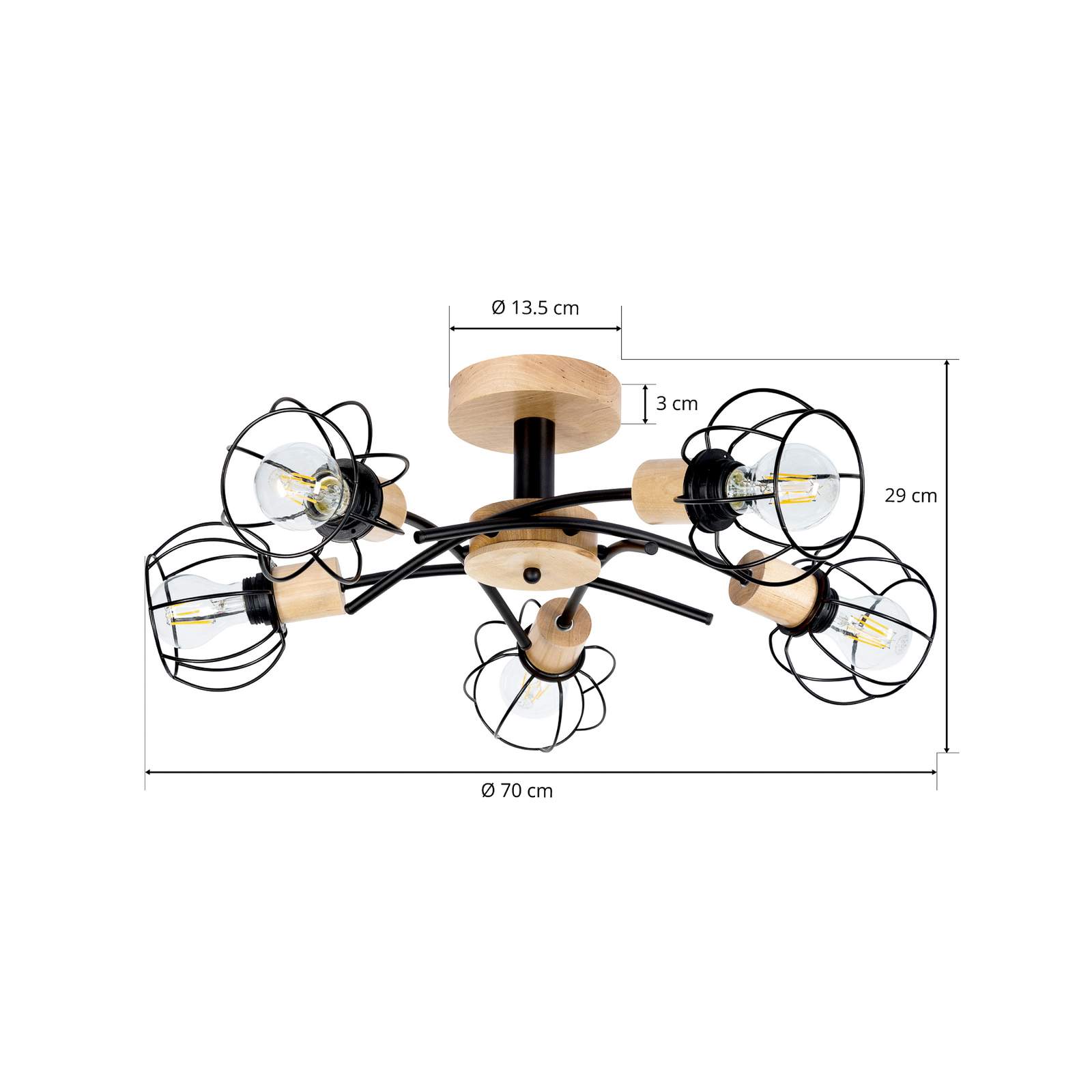 Envostar Ylva ceiling lamp oak/black 5-bulb