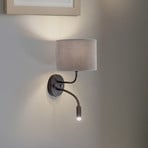 Candeeiro de parede Roller, veludo cinzento, preto, com luz de leitura
