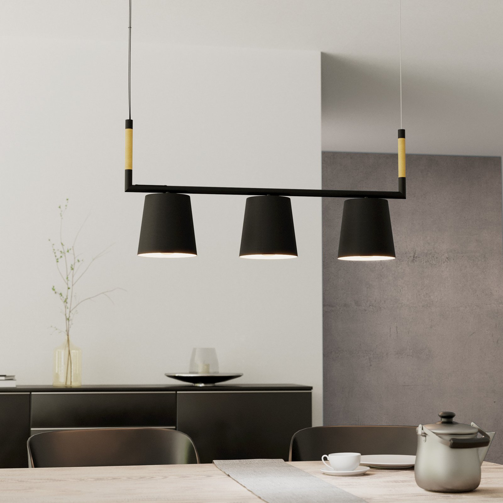 Hängeleuchte Lacey, Länge 78 cm, schwarz, 3-flg., Stahl