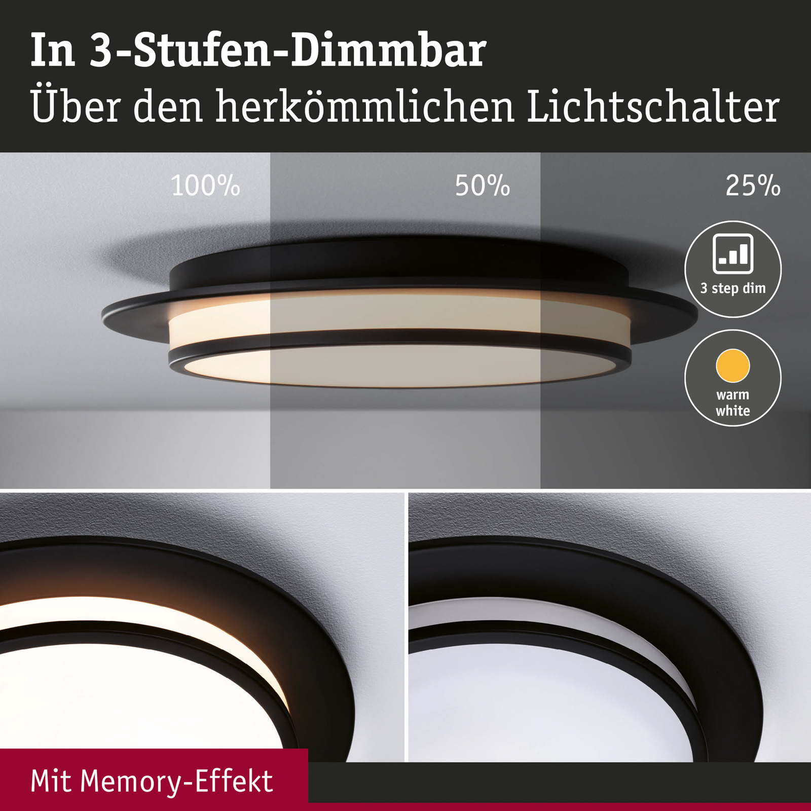 Egron LED Ceiling Lamp 3-step Dim. Matt Black - Paulmann