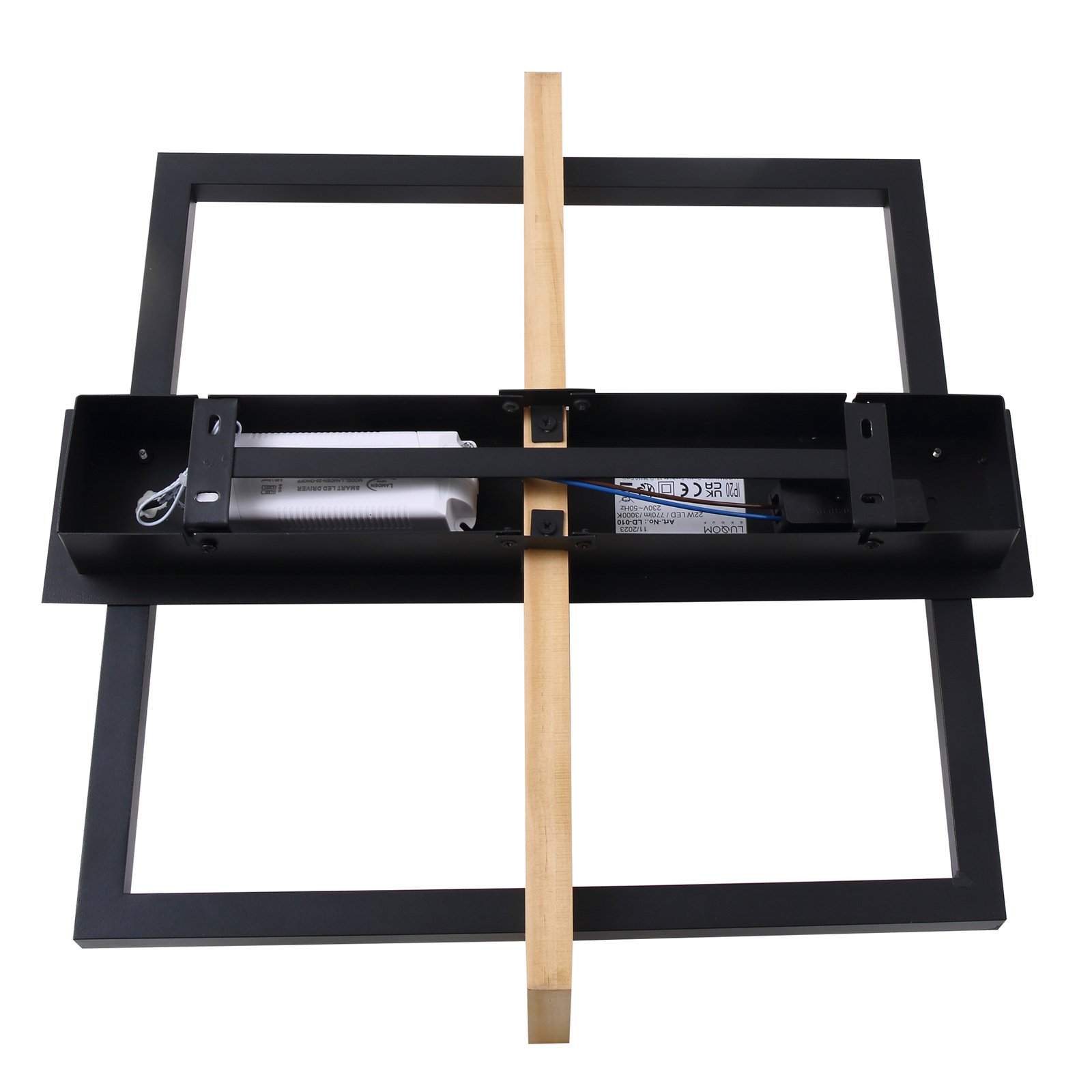 Lindby LED-Deckenleuchte Holamu, 46cm, schwarz, Holz, Metall