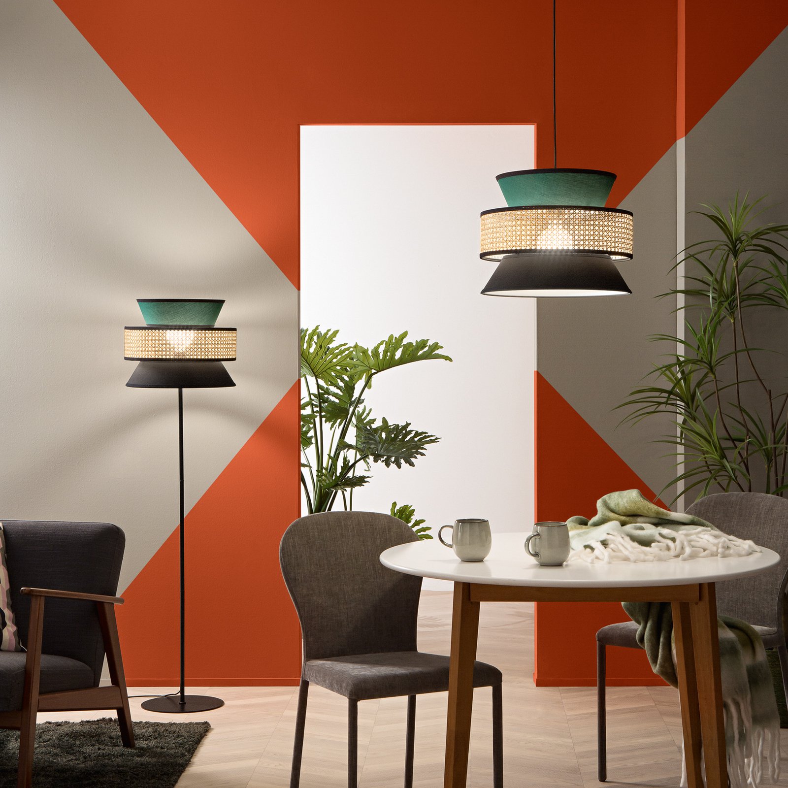 Lámpara colgante Gazebo, verde/negro/natural, Ø 40 cm, tela/ratán Lámpara colgante Gazebo, verde/negro/natural, Ø 40 cm, tela/ratán