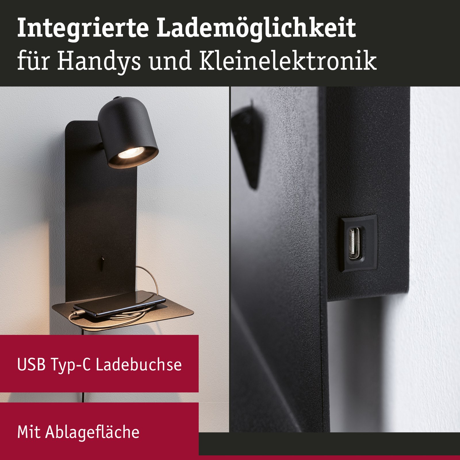 Malena LED Applique Murale USB C Matt Noir - Paulmann
