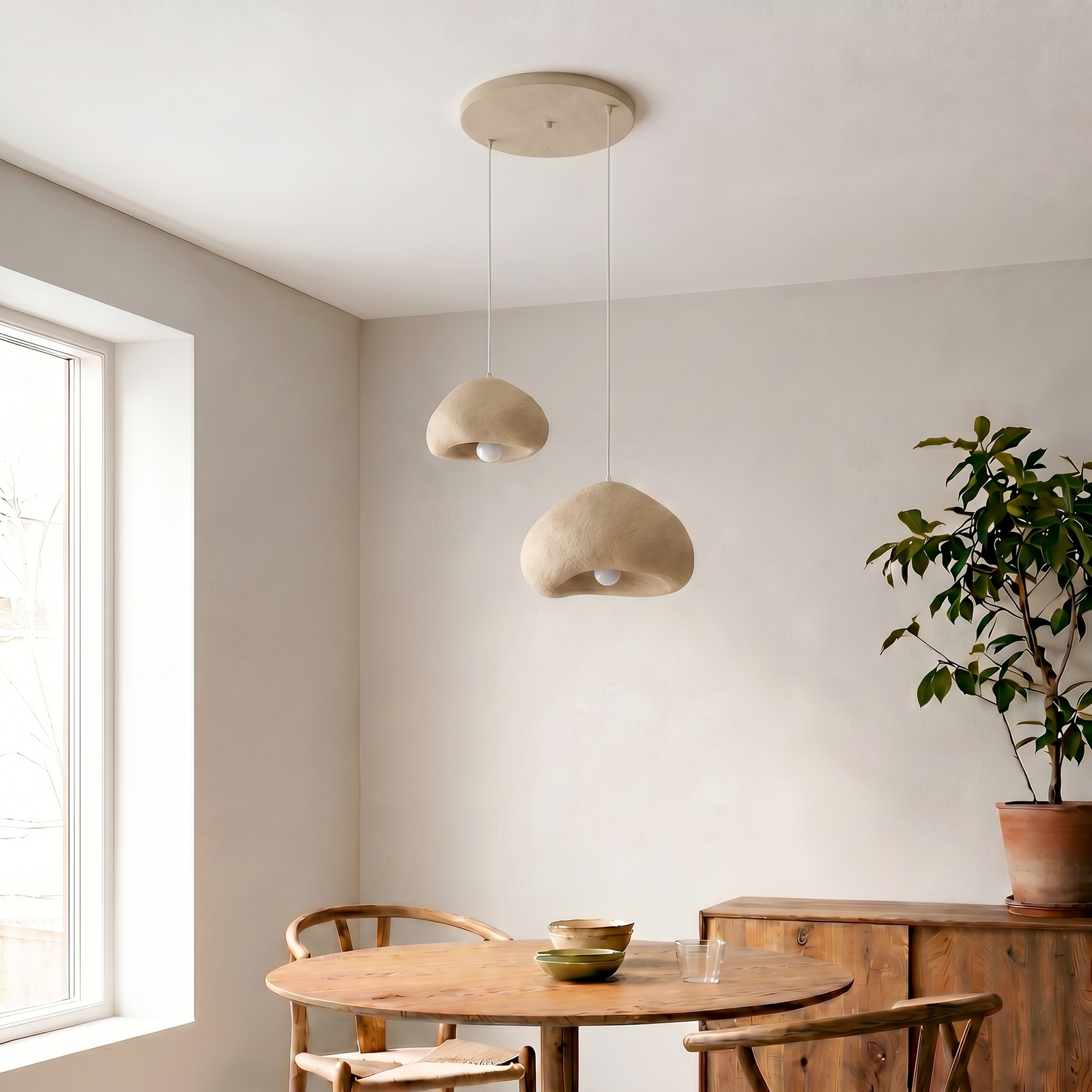 Lampada a sospensione Lora, beige, larghezza 70 cm, a 2 luci, in fibra di Lampada a sospensione Lora, beige, larghezza 70 cm, a 2 luci, in fibra di