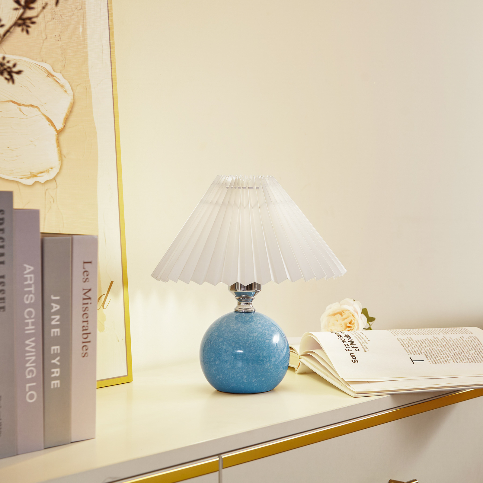 Lámpara de mesa Lindby Kerimi, cerámica, azul