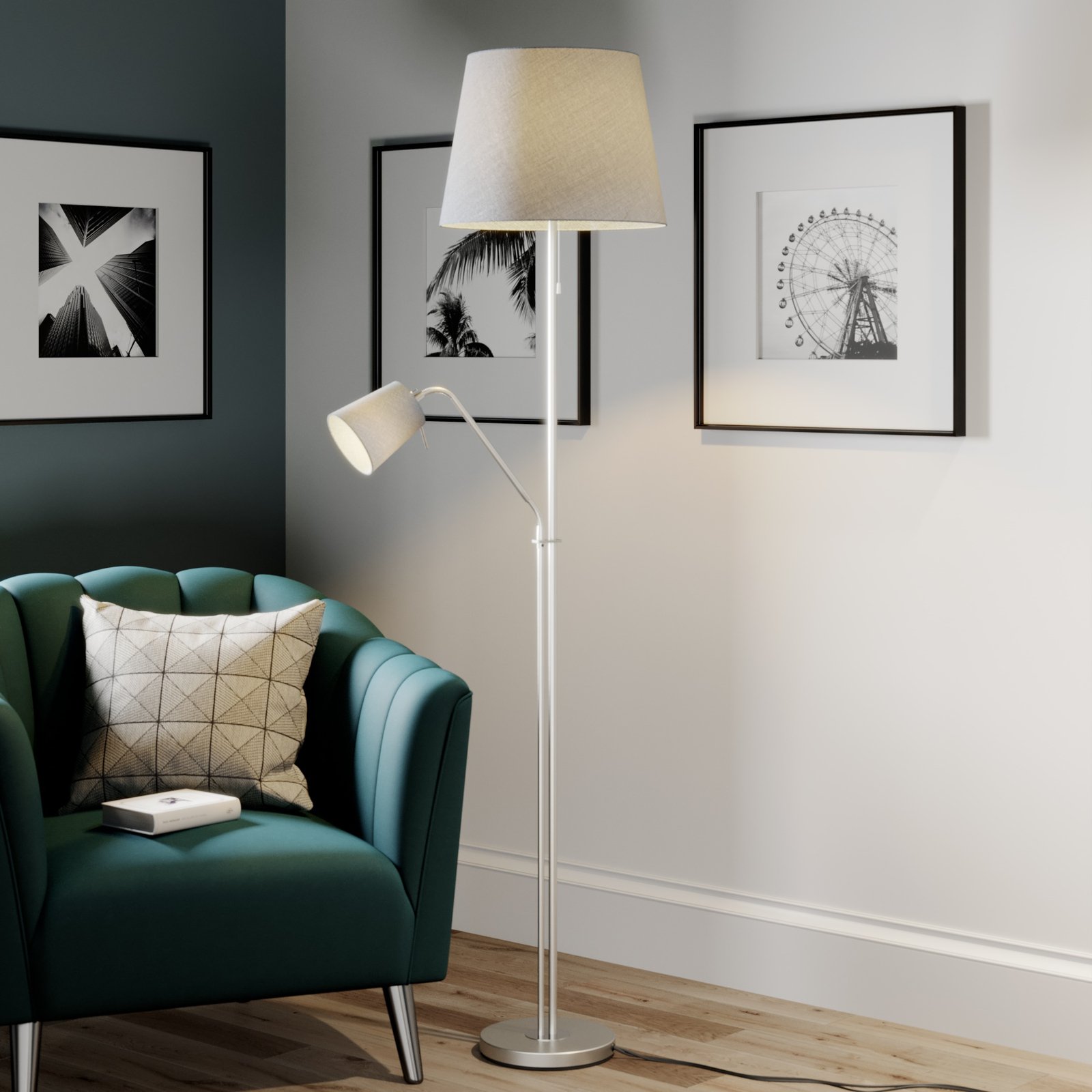 Lindby Nantwin floor lamp, fabric lampshade, grey