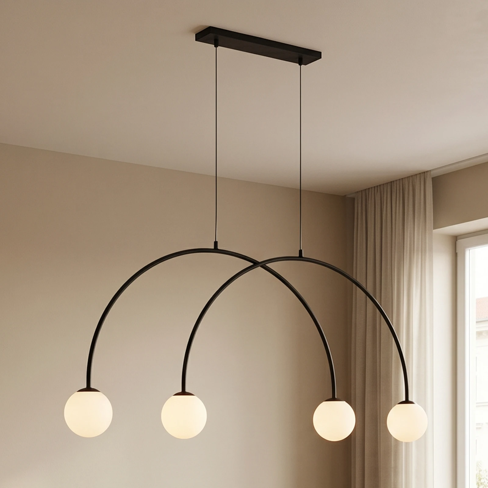 Hängelampe Alison, schwarz/weiß, 4fl, Bogen, 129cm