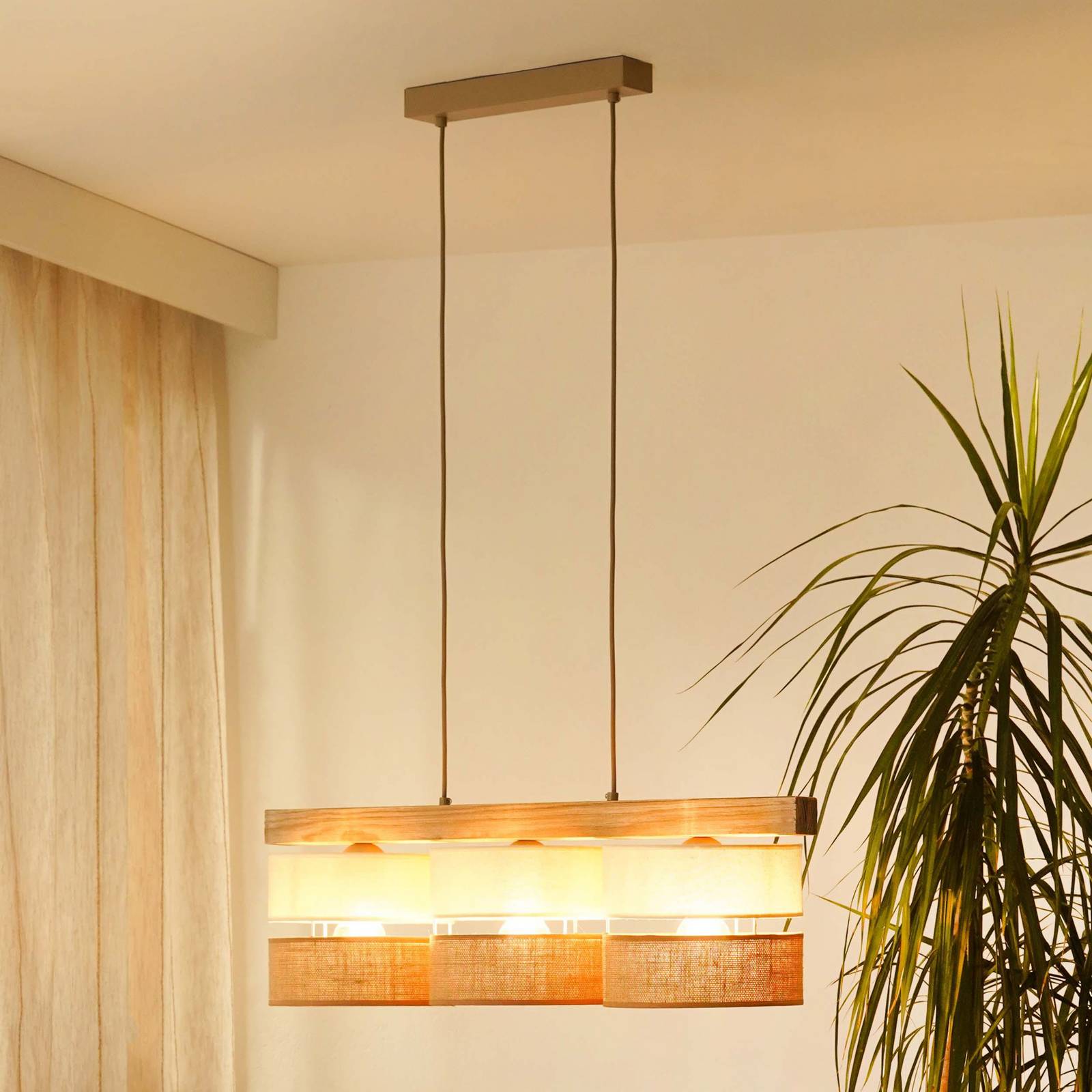 Hängeleuchte Treeon, 3-flammig, Holz, Jute, naturfarben/ecru günstig online kaufen