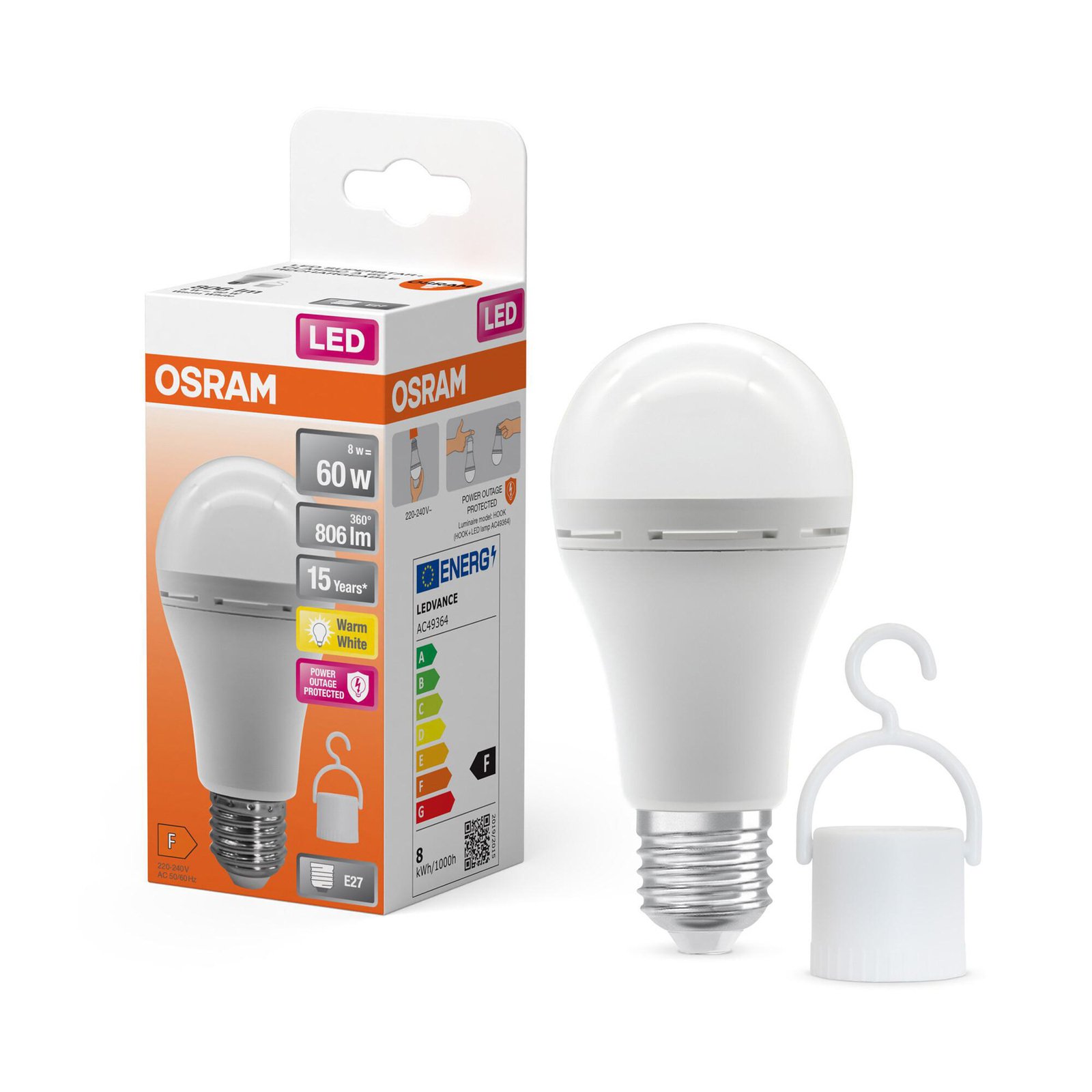 OSRAM tradisjonell LED-pære E27 8W matt 2700K oppladbart batteri nødlys