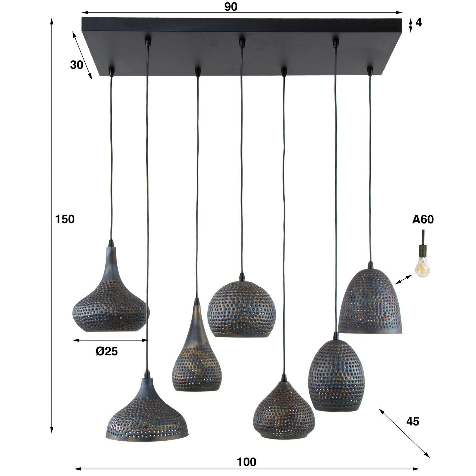 Hanglamp Punchray, 7-lamps, formenmix