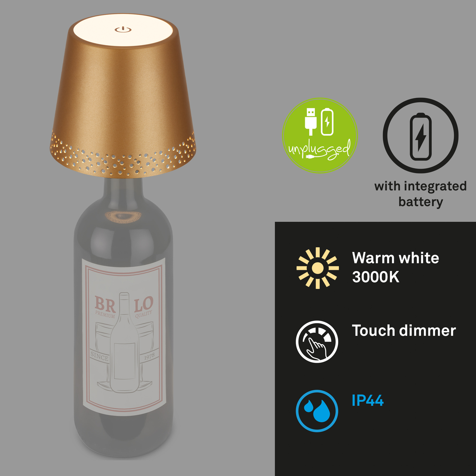 LED battery bottle light IP44 with a dimmer, gold