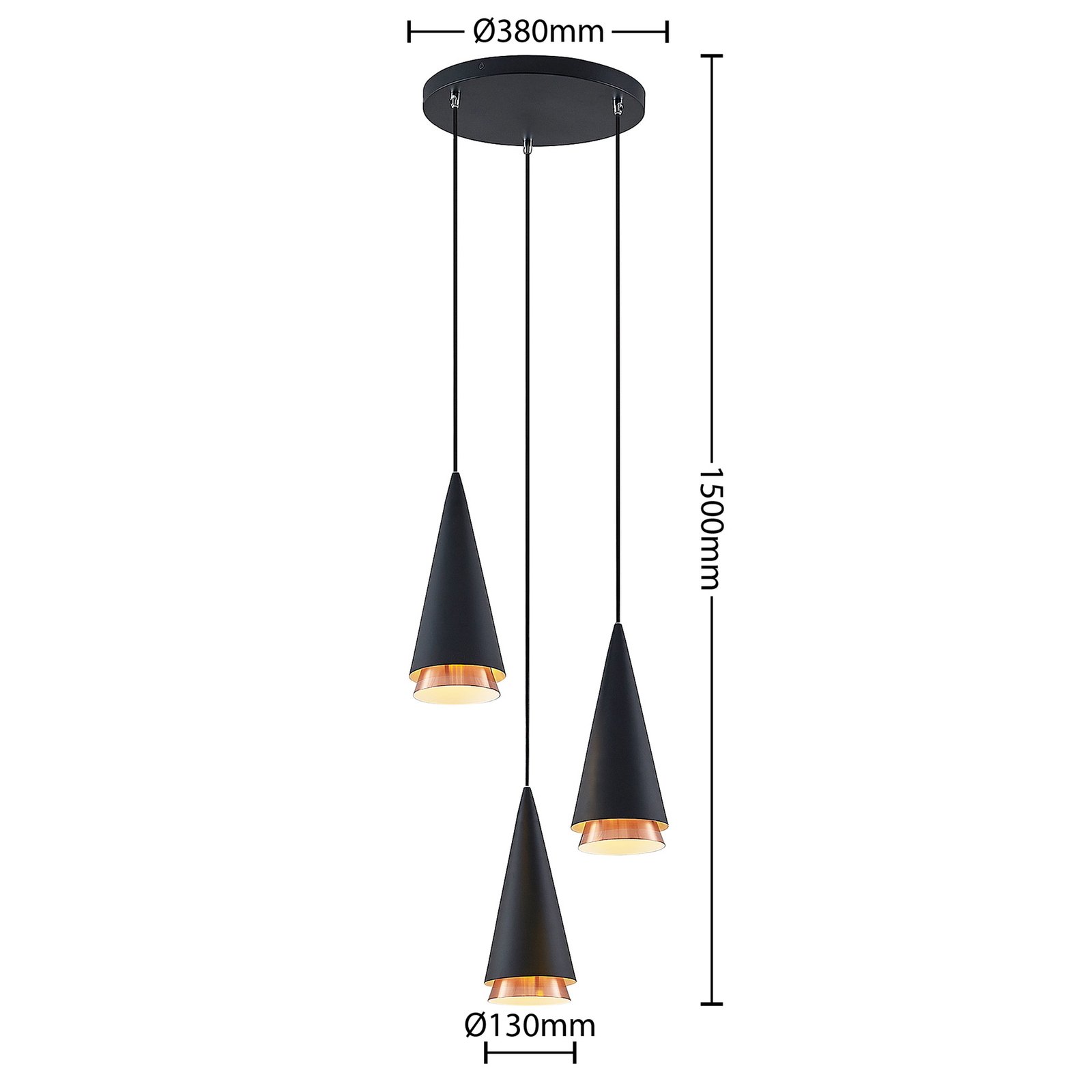 Lucande Naoh hanging light round, 3-bulb, black