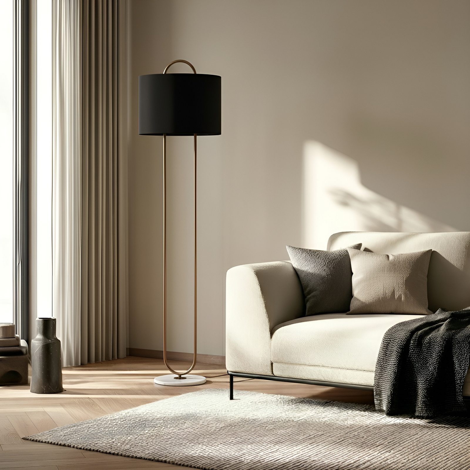 Floor lamp LM-9112-1E, marble base, textile shade