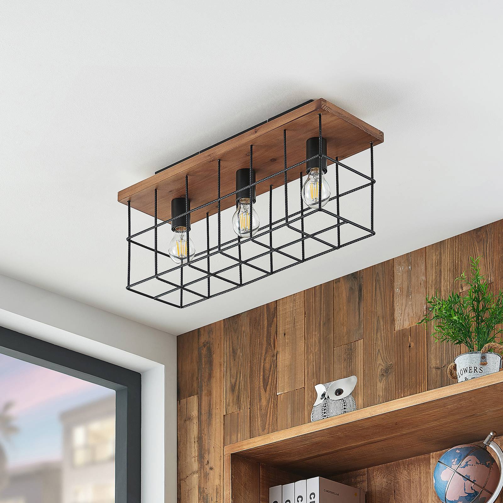 Lindby Mireille plafonnier cage avec bois 3 lampes