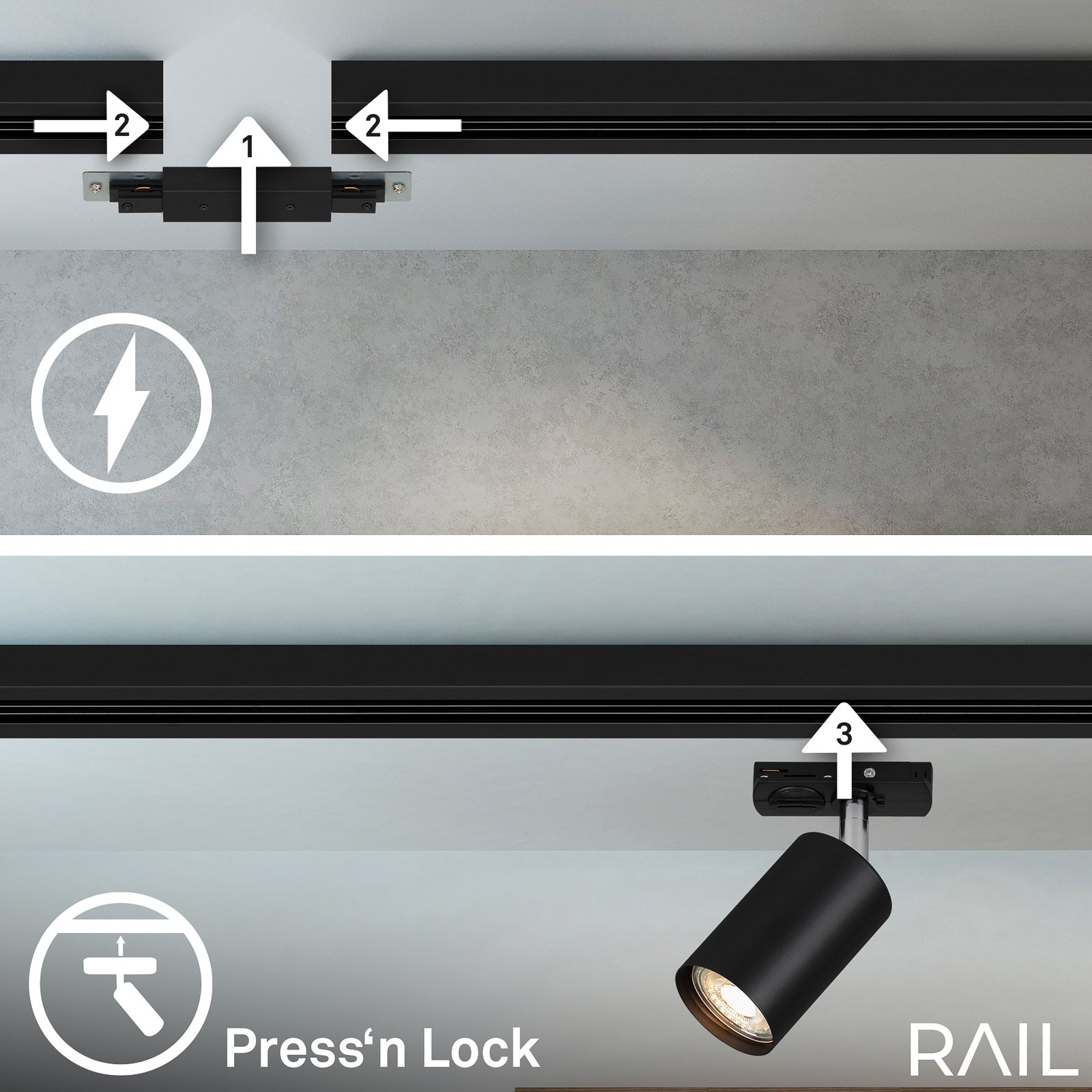 Sistema de riel RAIL 230 V negro 6 focos 2,25 m conector de esquina