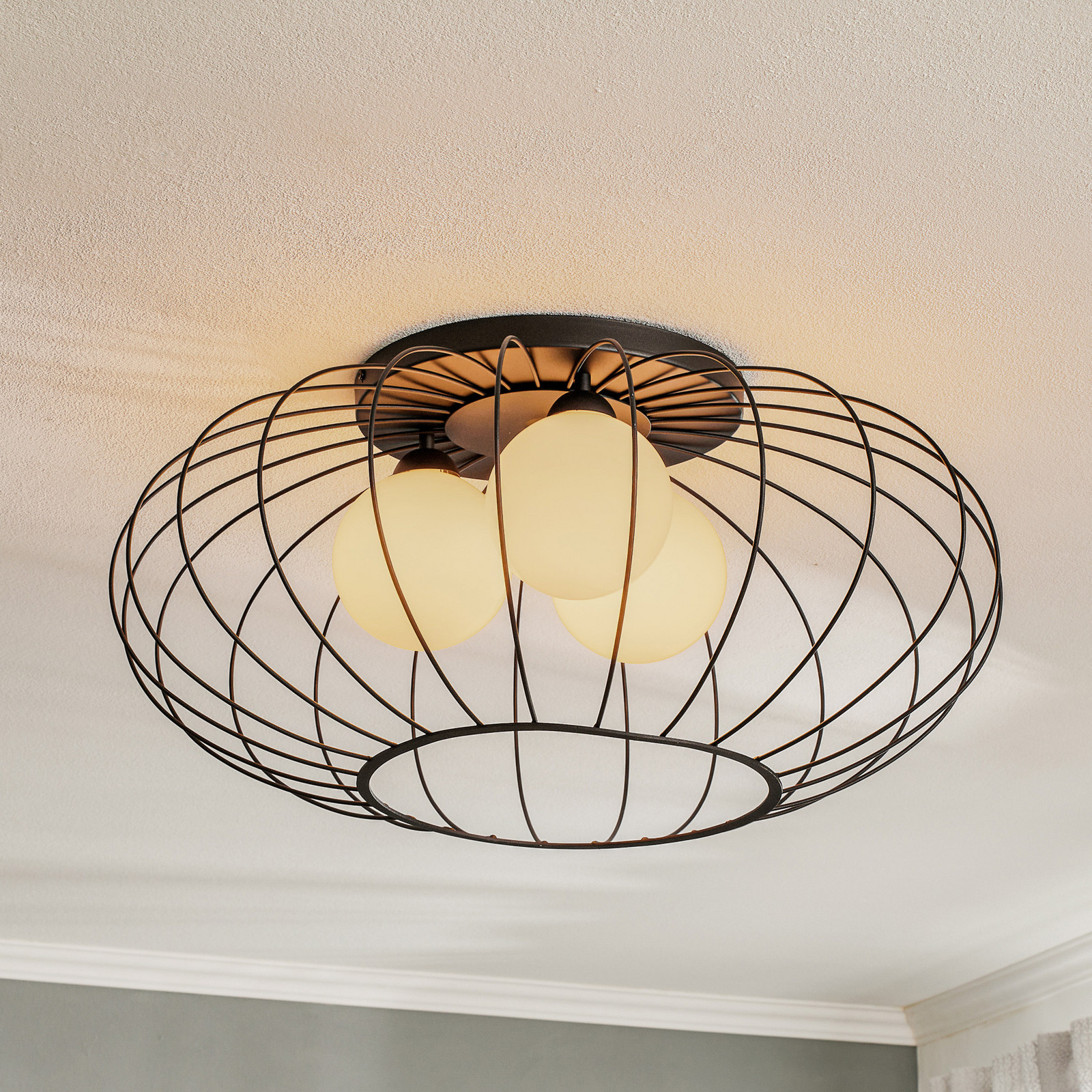 Eko-Light Plafonieră Kronos cușcă neagră trei sfere opale - Camera de zi / sufragerie - Modern - negru opal - Metal