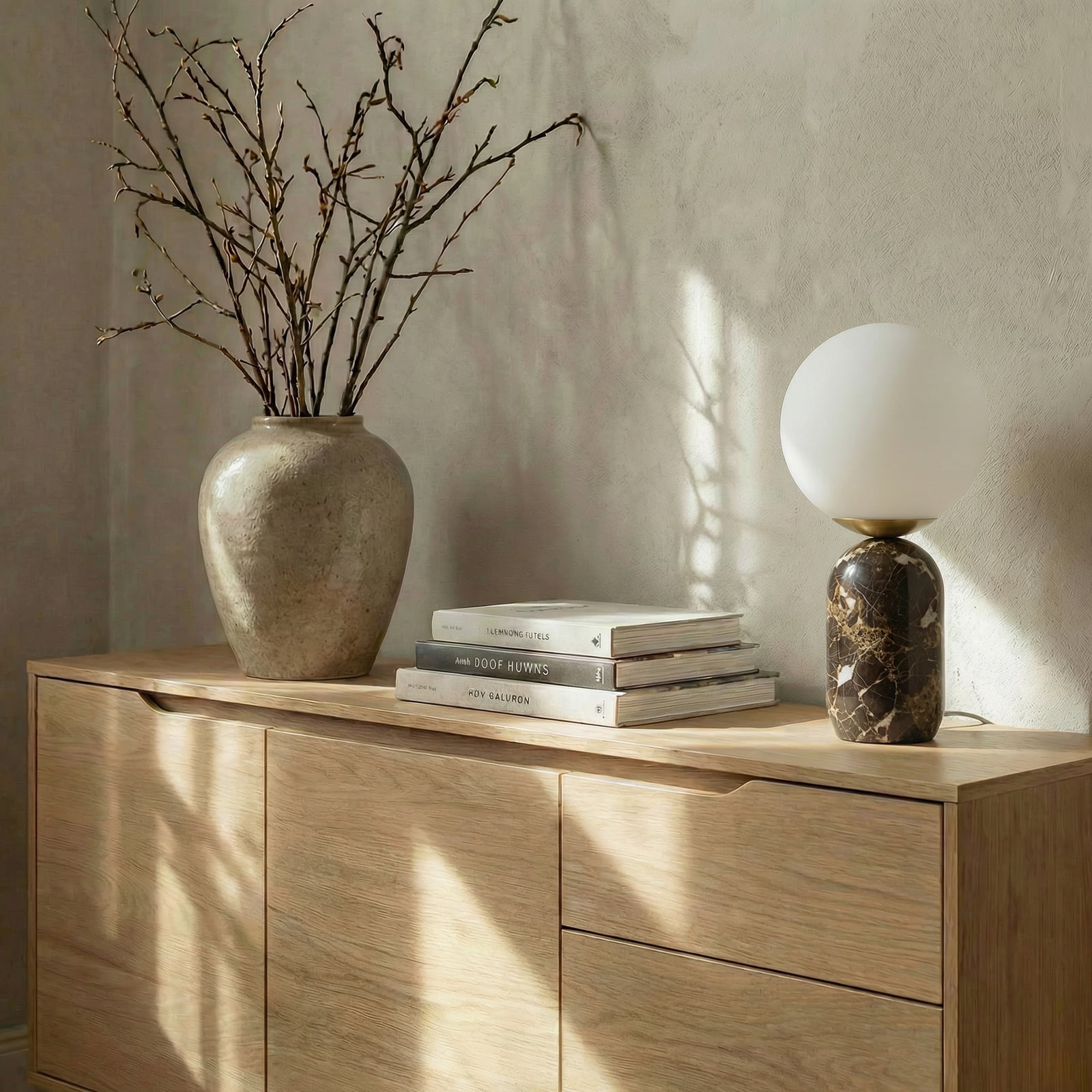 Lennes bordlampe, Ø 20 cm, glass, brun, marmor - Lindby