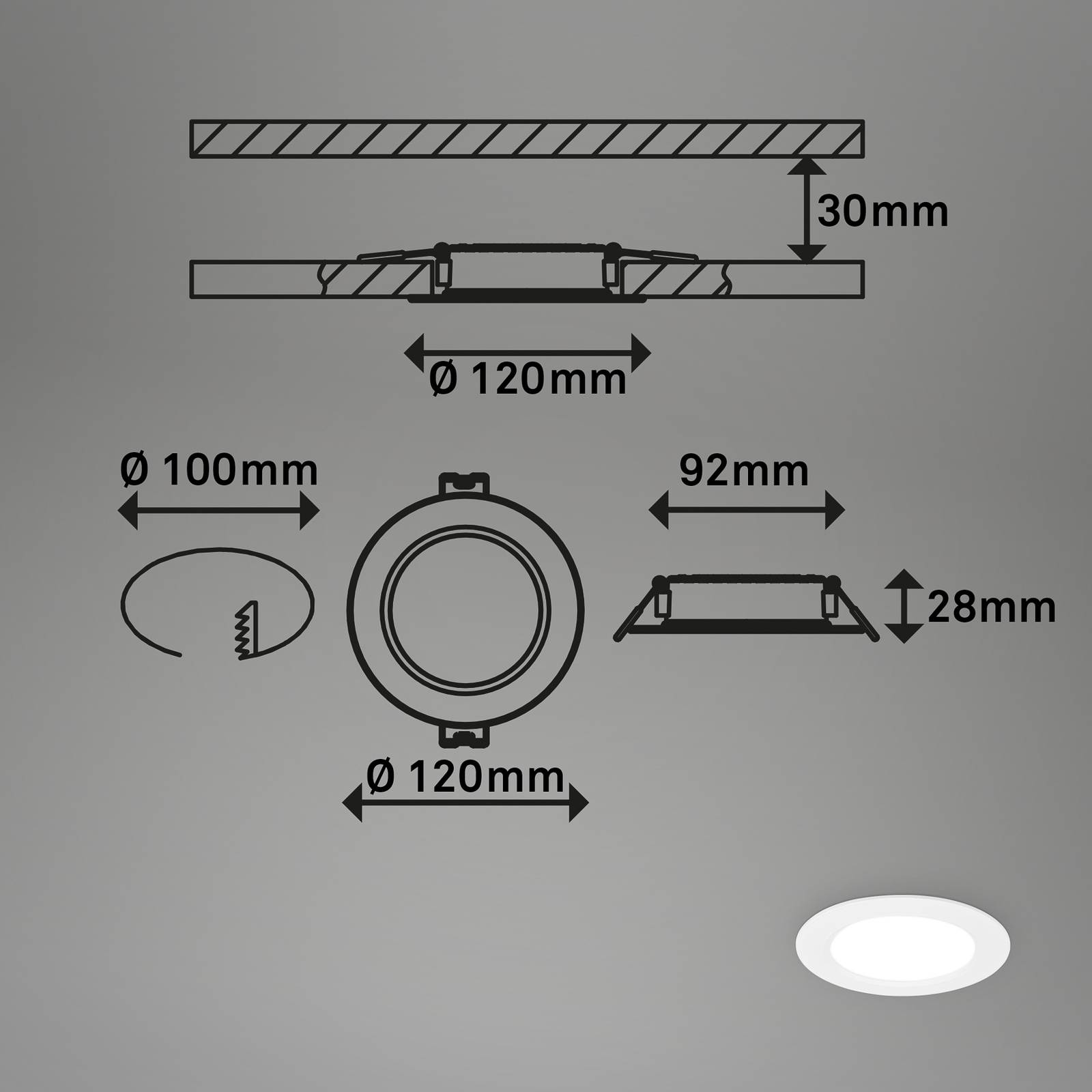 Oprawa wpuszczana LED Jeft, Ø12cm, biała, zestaw 3, włącz/wyłącz, sztywna