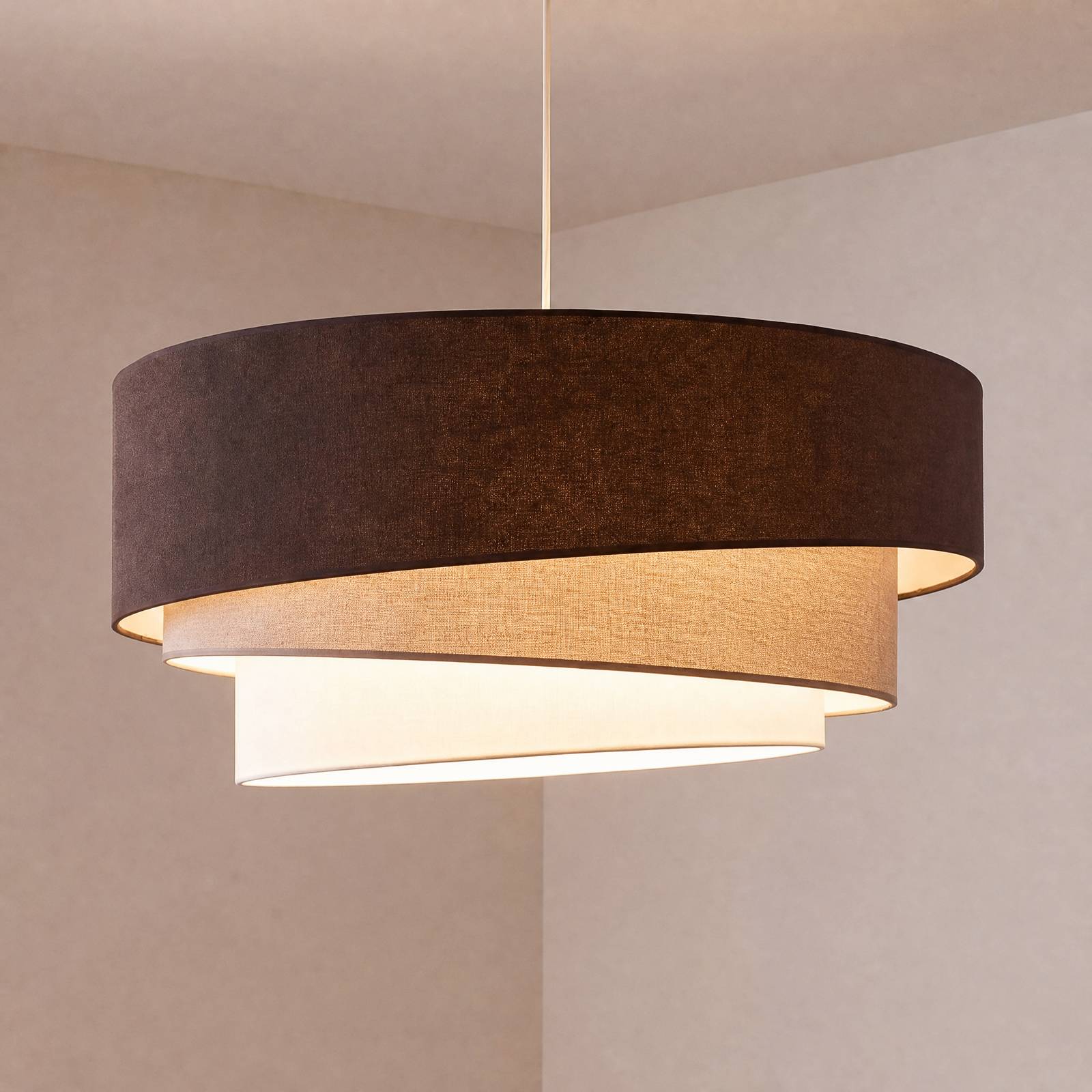 Lampa wisząca Trio, brązowo-beżowa, Ø 60 cm, tkanina, E27