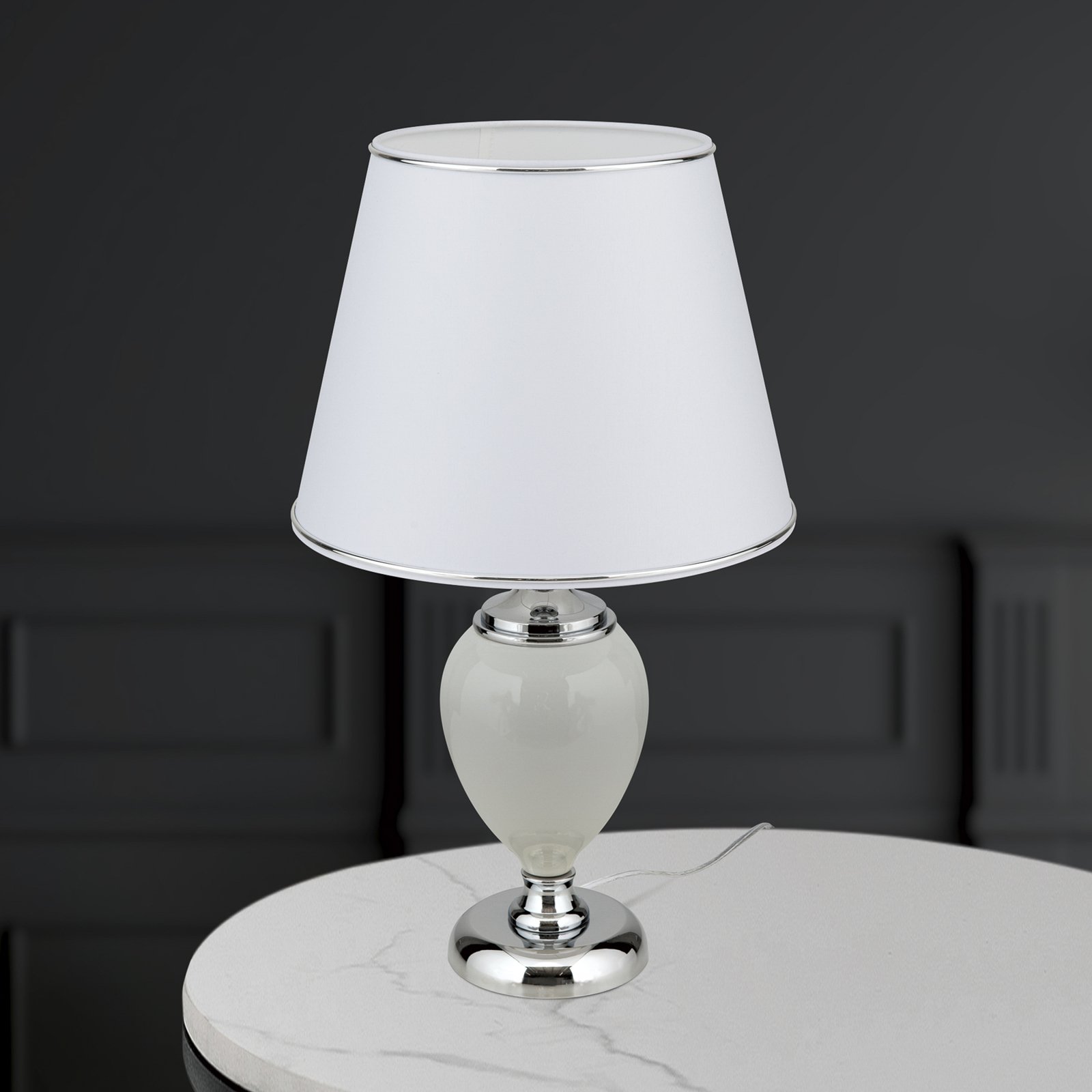 Ovum table lamp, white/chrome, height 48 cm, ceramic/chintz